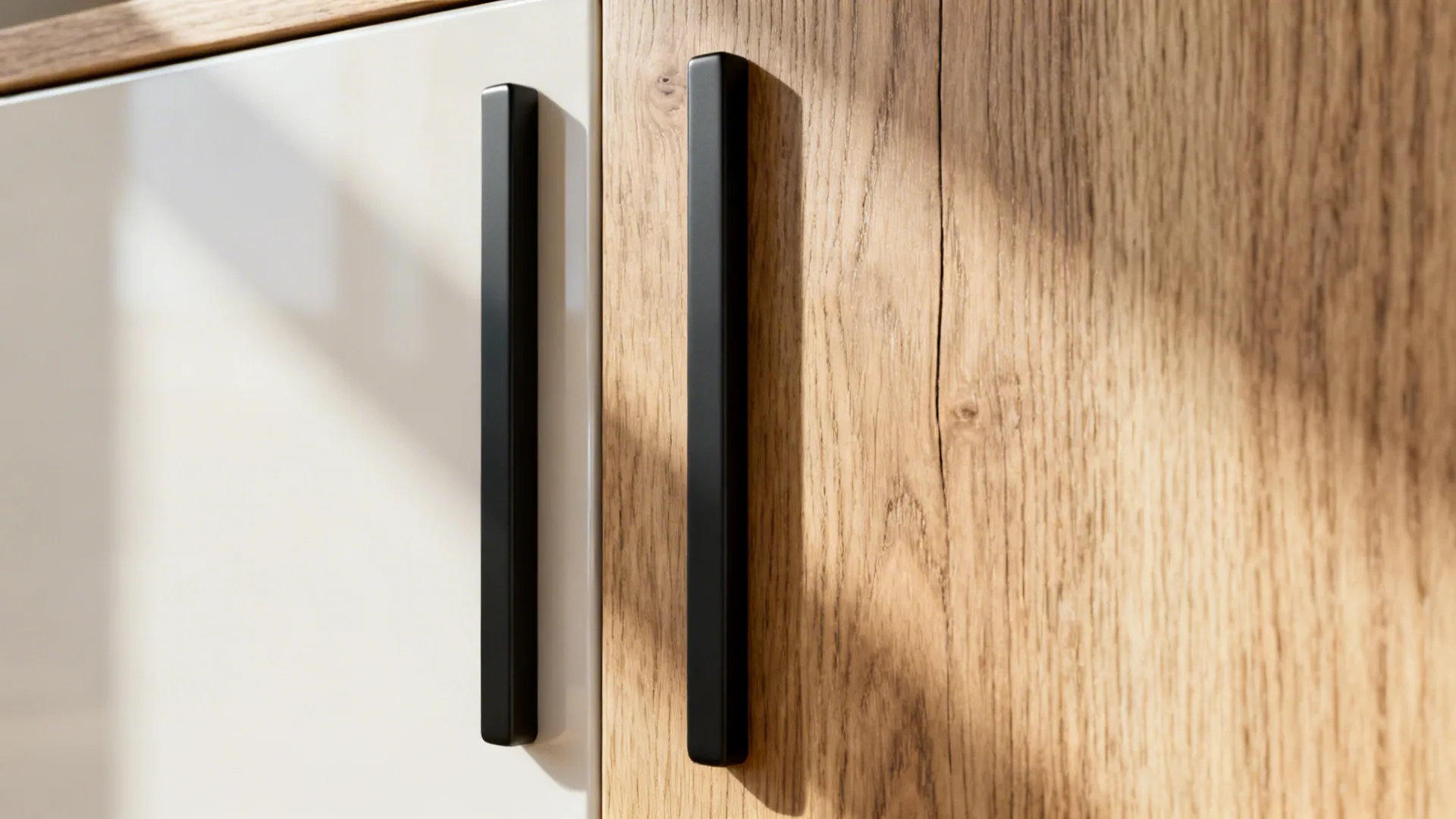 Close-up of rift-cut oak grain with a slim matte black pull in soft daylight.