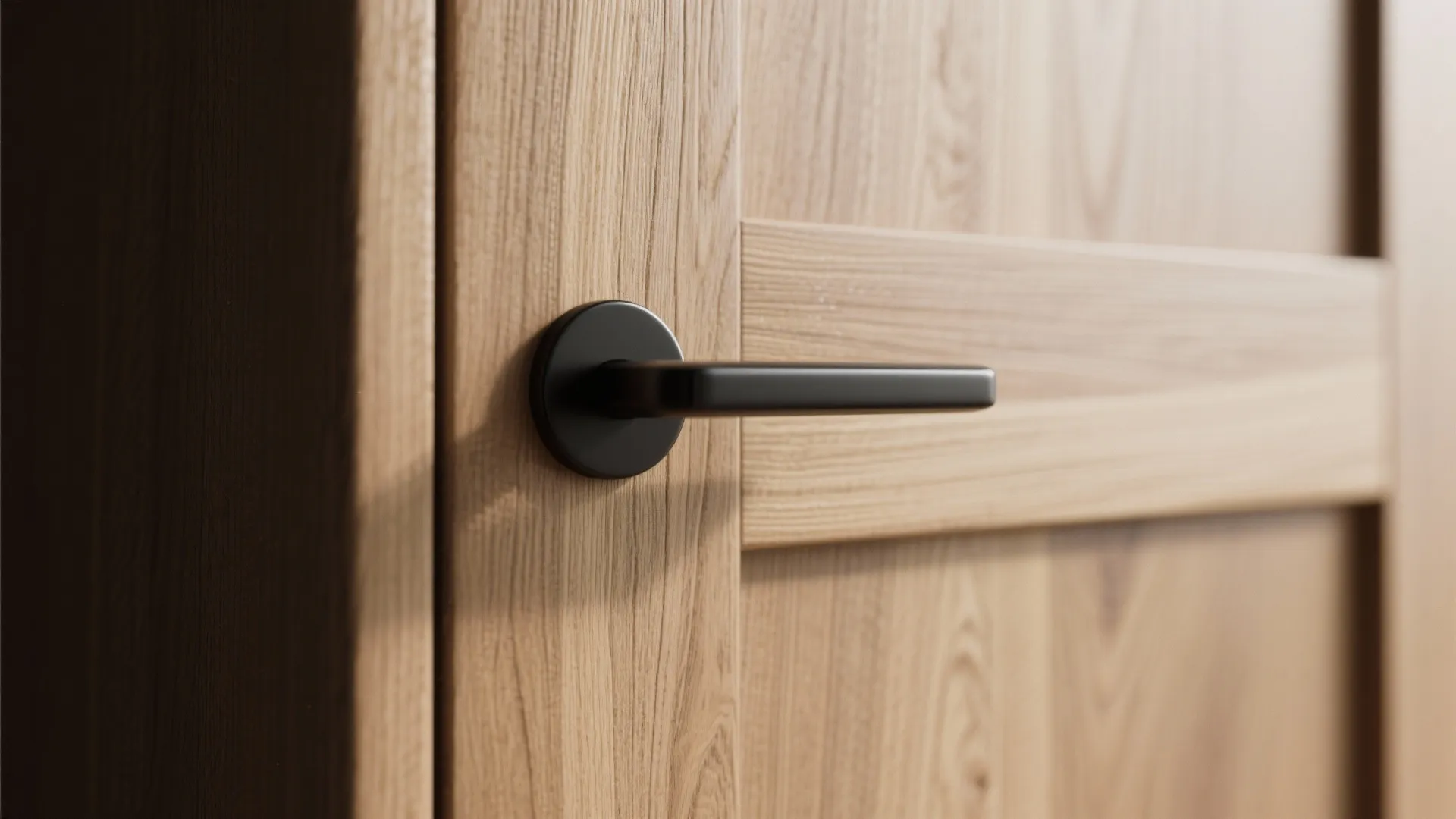 Close up of a matte black handle on a light oak wood door with panel