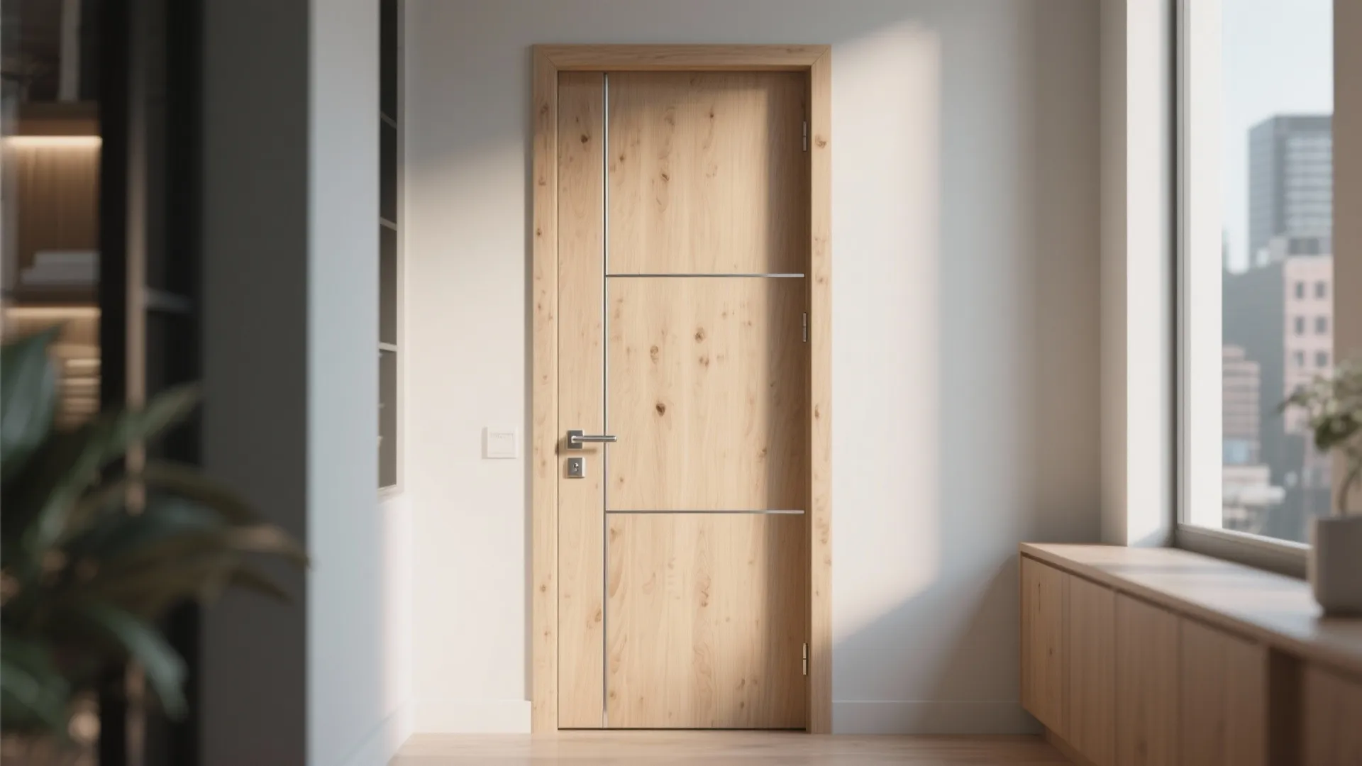 Contemporary Wooden Door with Metal Accents