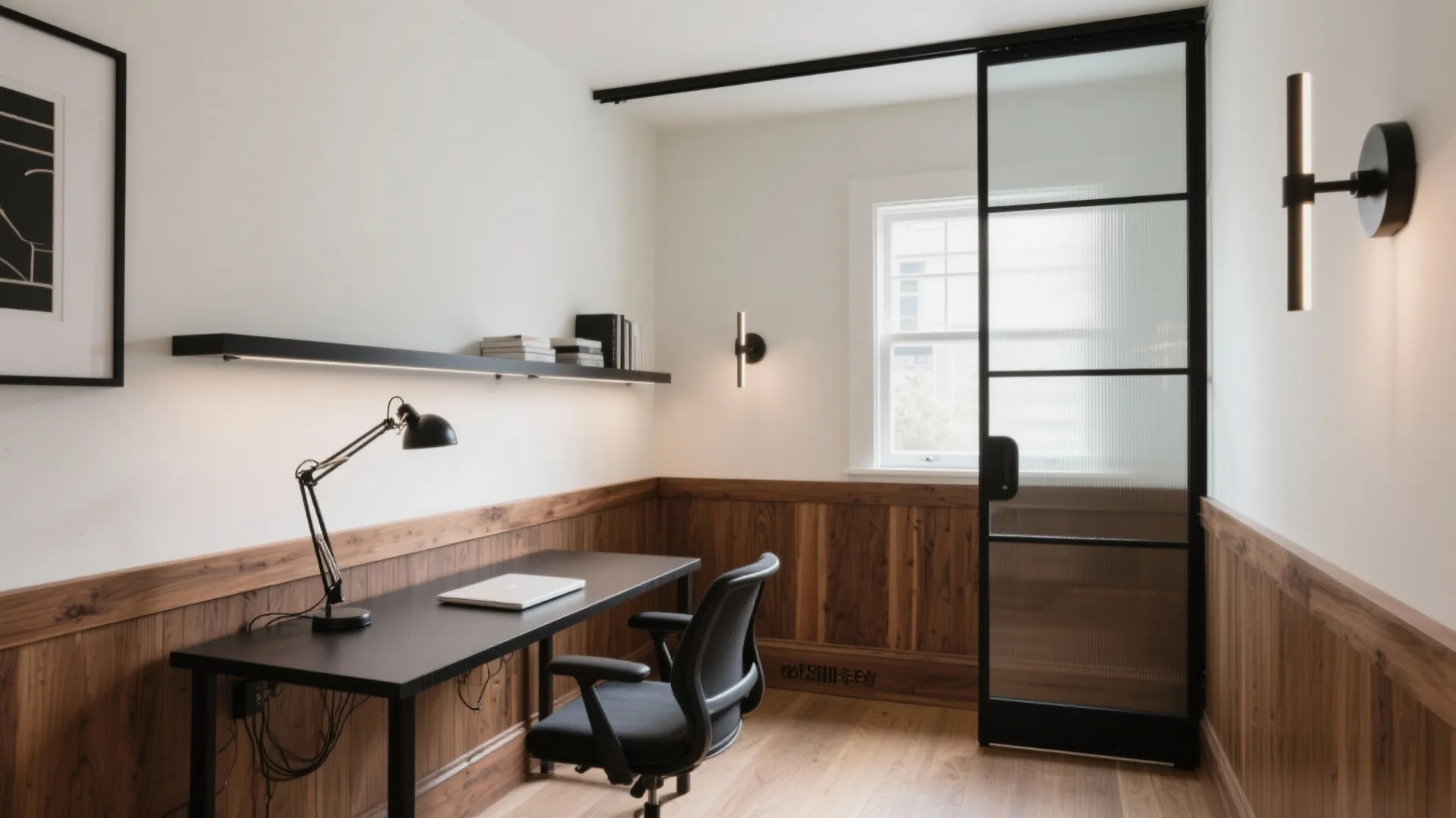 Modern home office with black desk black chair wood wall panel glass door and wall light