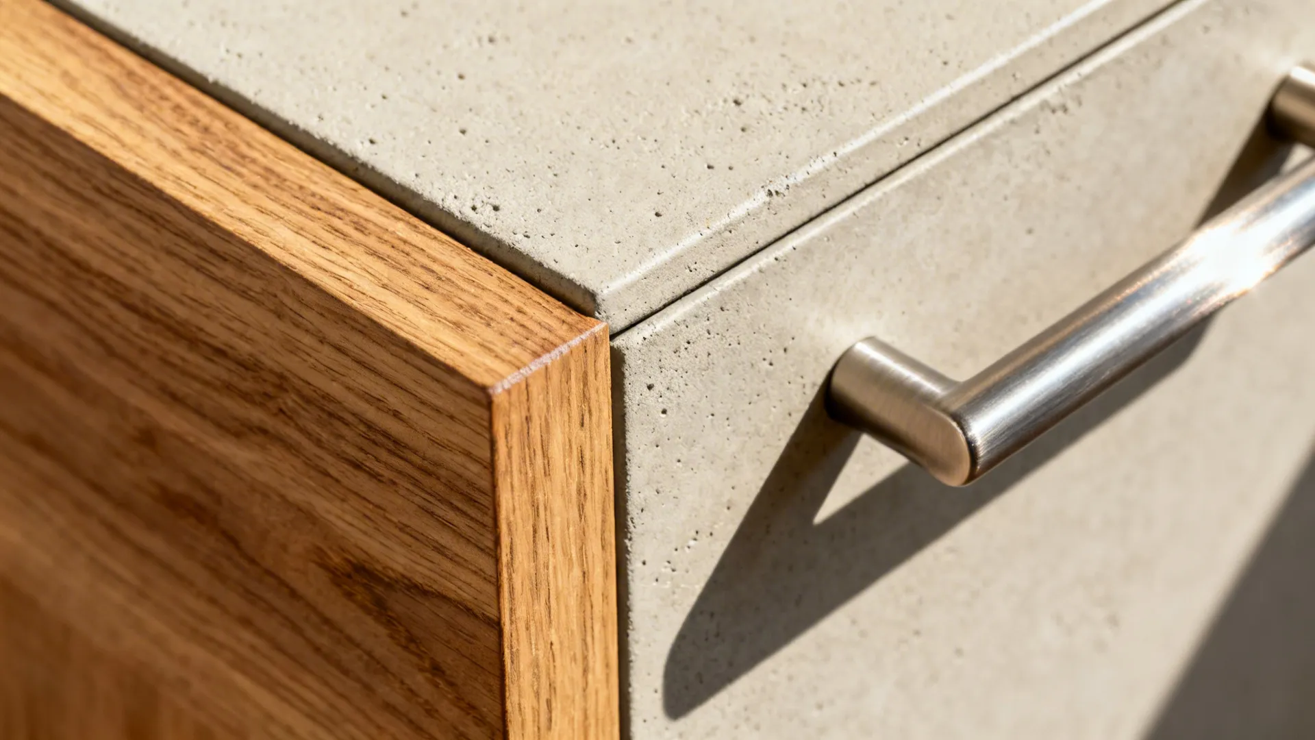 Close up of cabinet with light wood frame grey concrete surface and silver metal handle