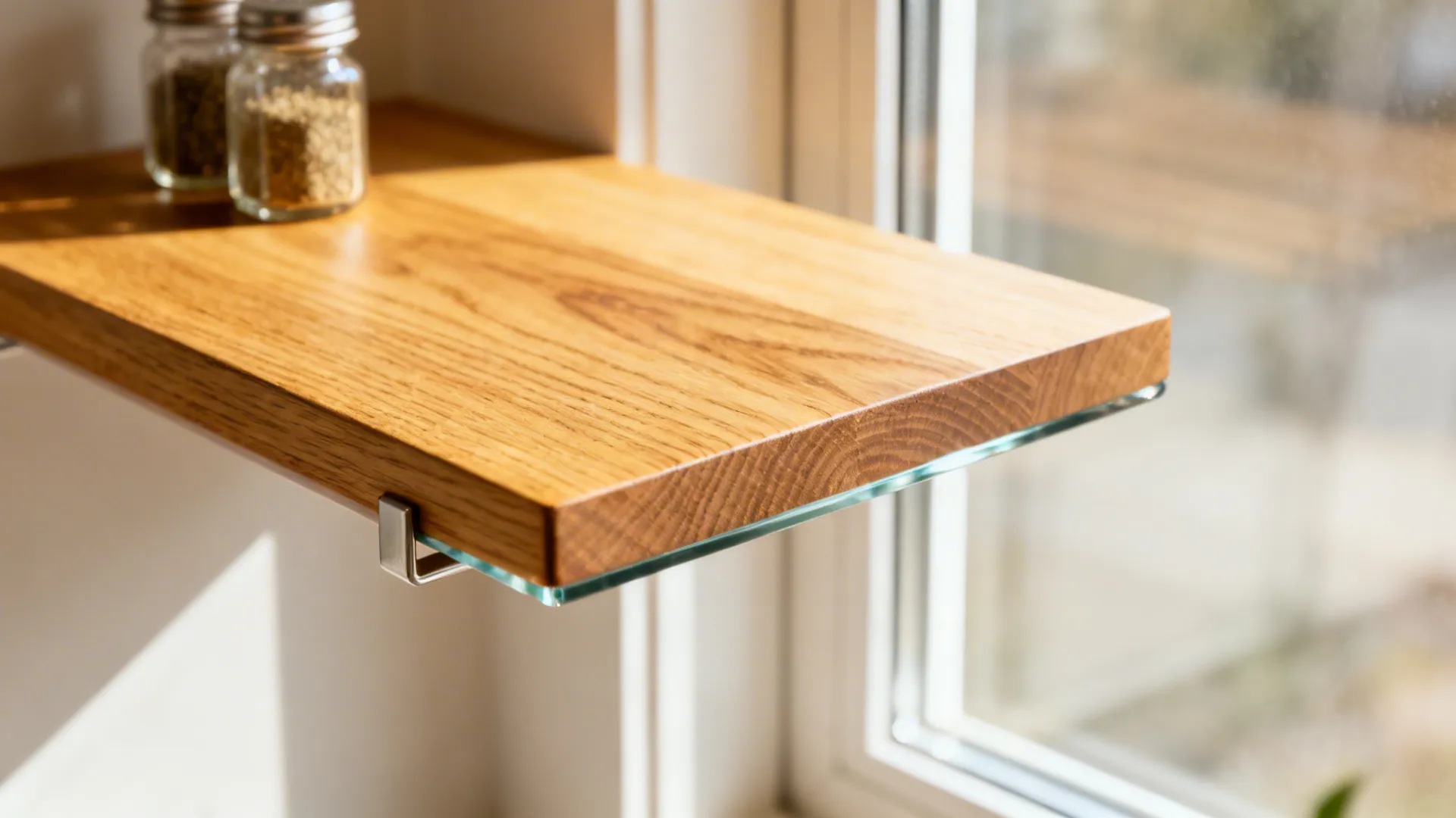 Macro of a thin oak micro-shelf by a picture window with small spice jars.