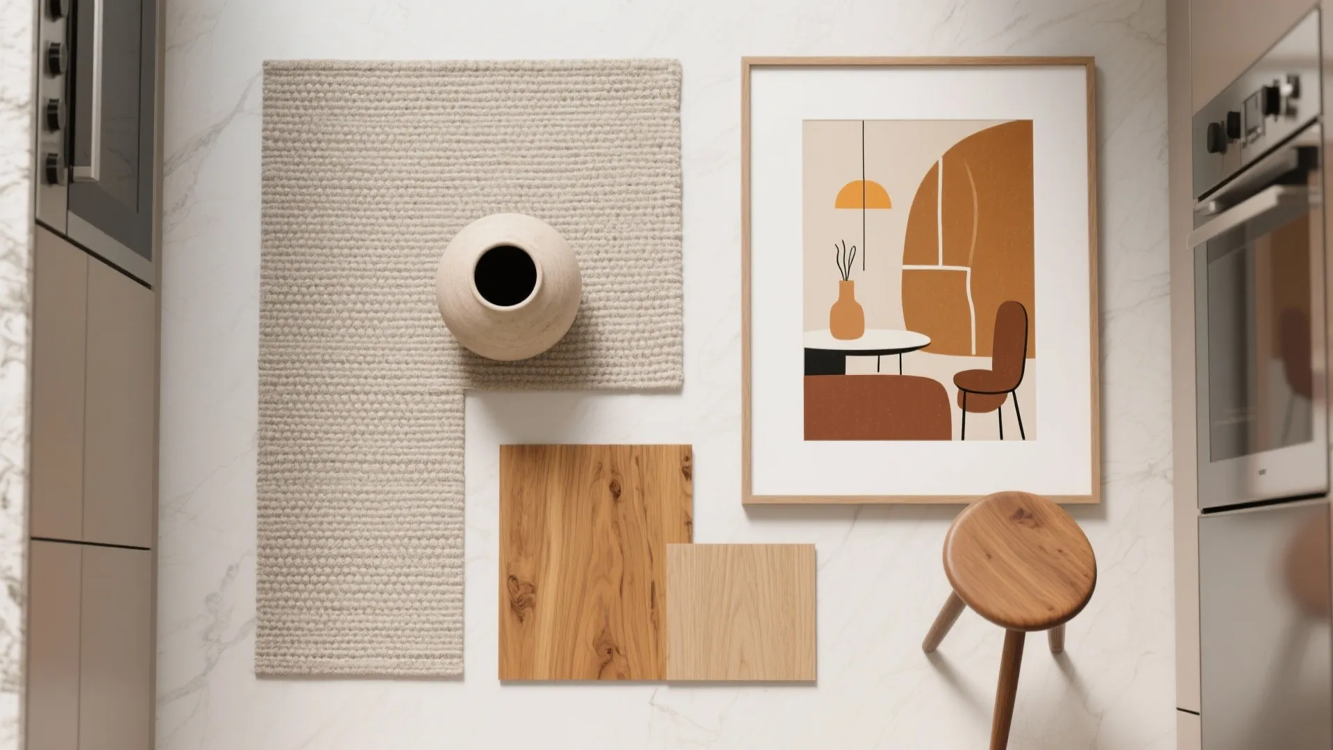 Top view of kitchen mood board with wood samples, grey rug, vase, and framed art