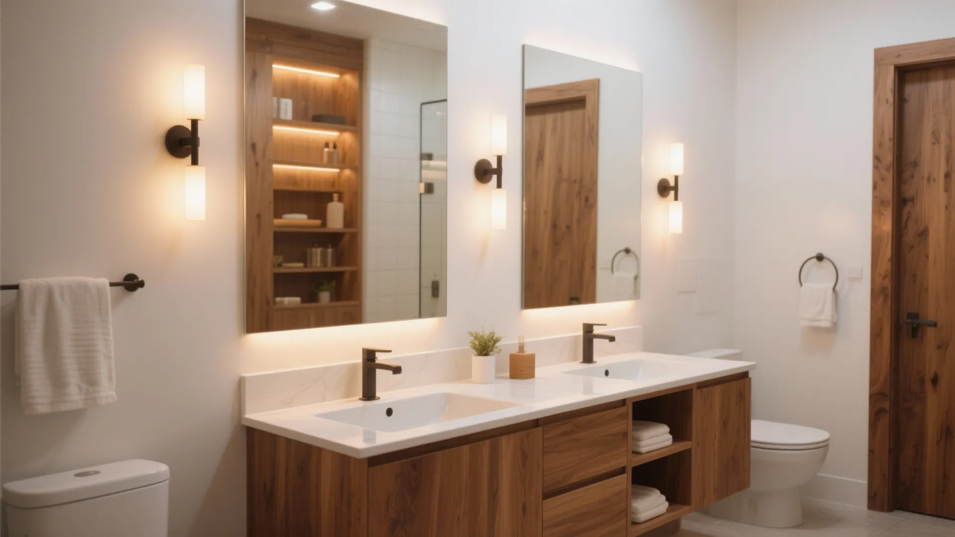 Modern bathroom vanity with double mirrors, wooden cabinets, white sinks, three wall lights, and toilet