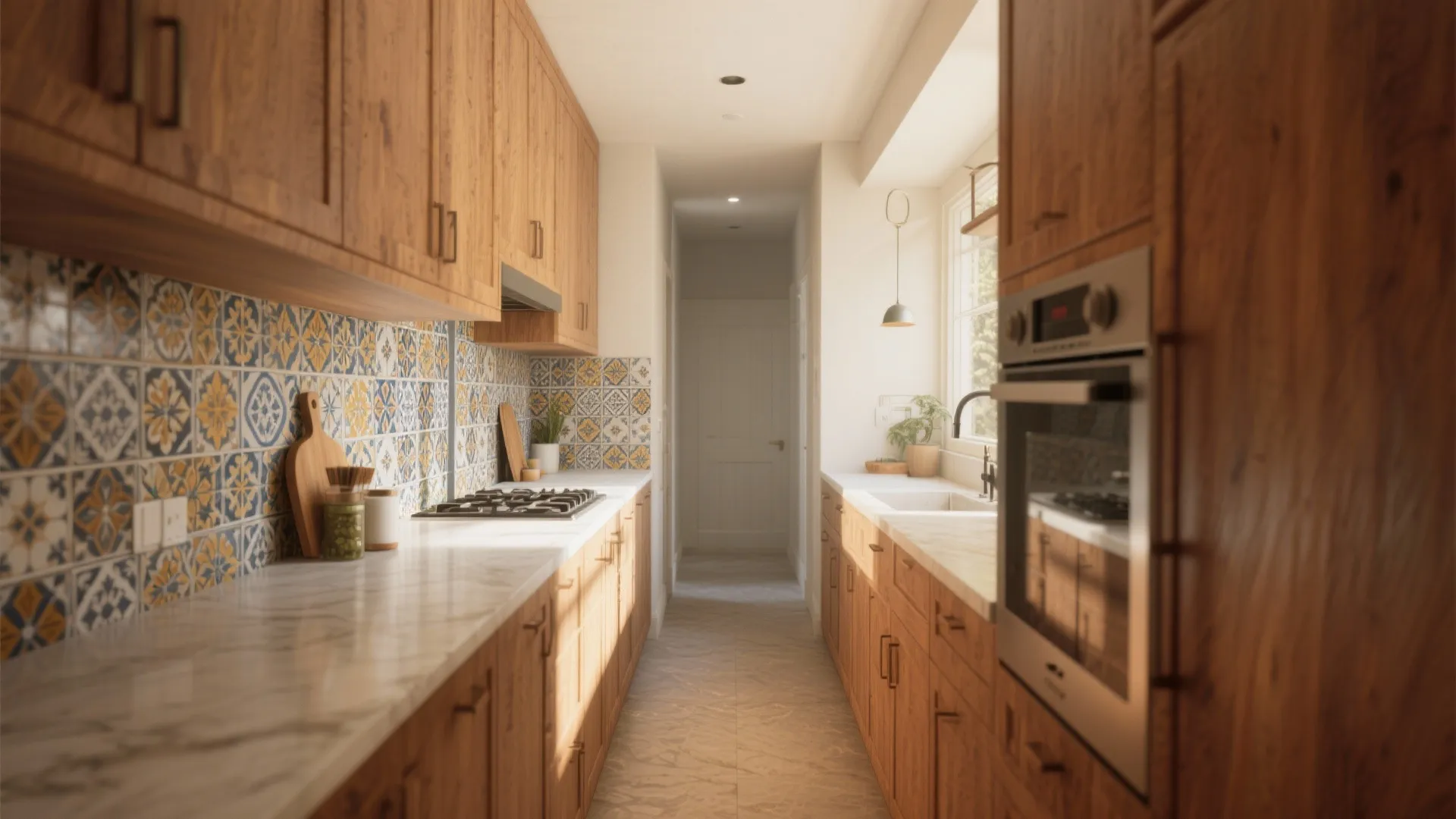 Narrow kitchen with wood cabinets patterned tile wall white marble countertop and built in wall oven