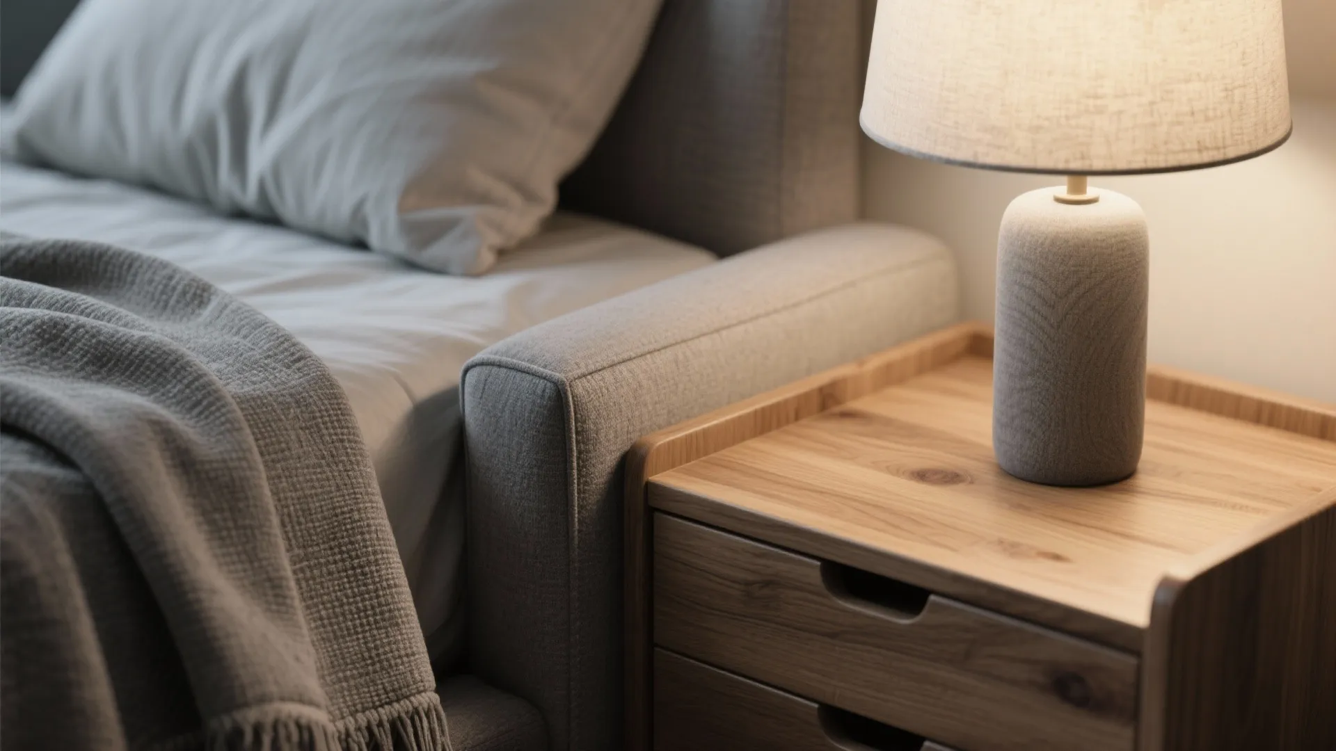 1. Layered Grays with Warm Wood Accents