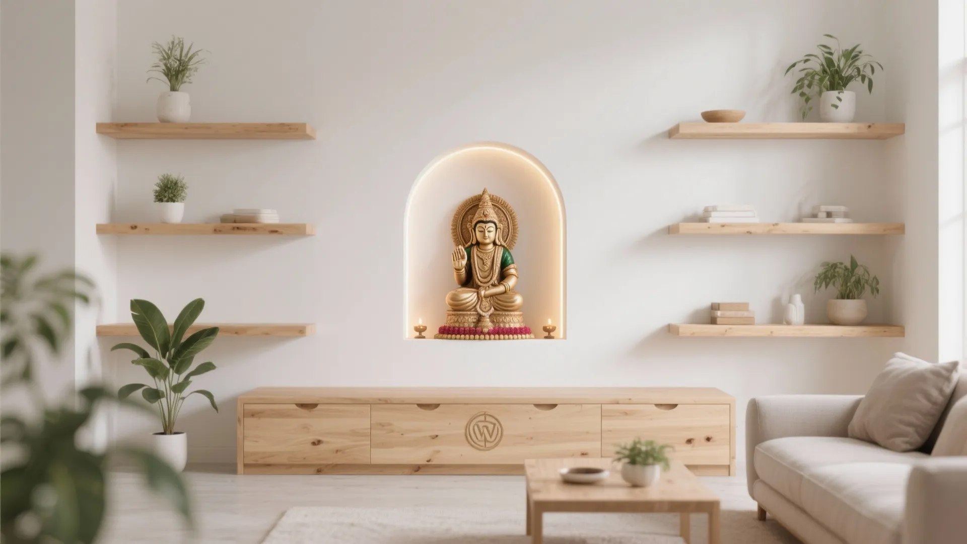 Minimal Open-Shelf Mandir in Oak or Ash