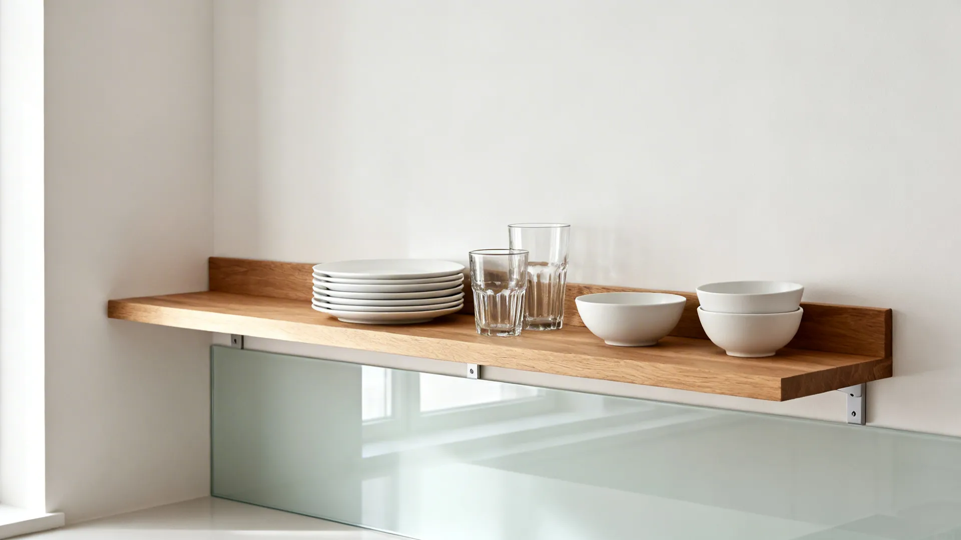 A 120 cm oak floating shelf with white plates and clear glasses above a low-iron glass backsplash.