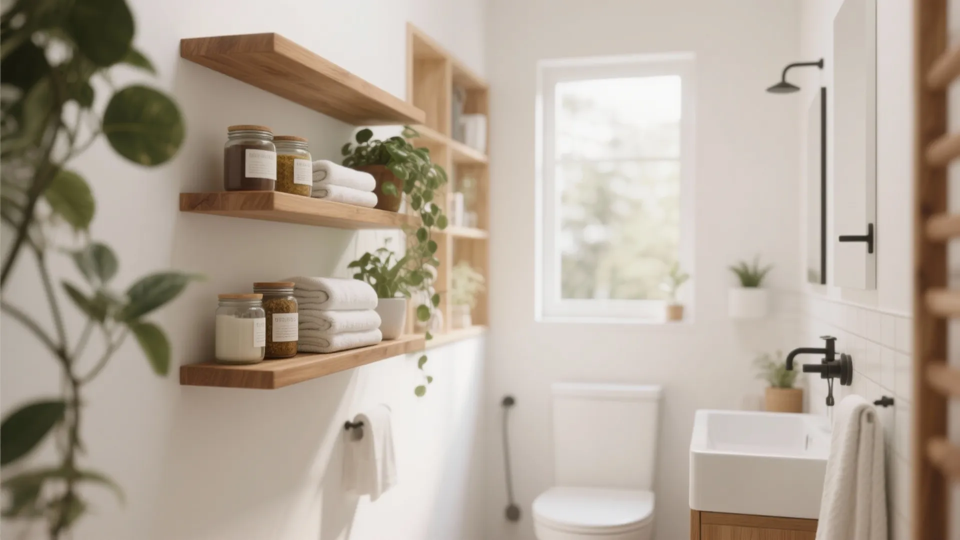 Modern bathroom featuring wooden floating shelves with jars, white towels, green plants, and white toilet