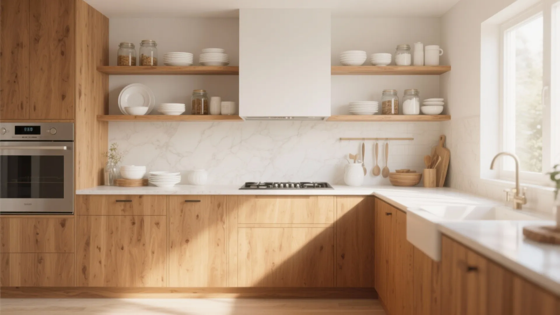 Modern wood kitchen with white marble wall, open wood shelves, white bowls, and natural light