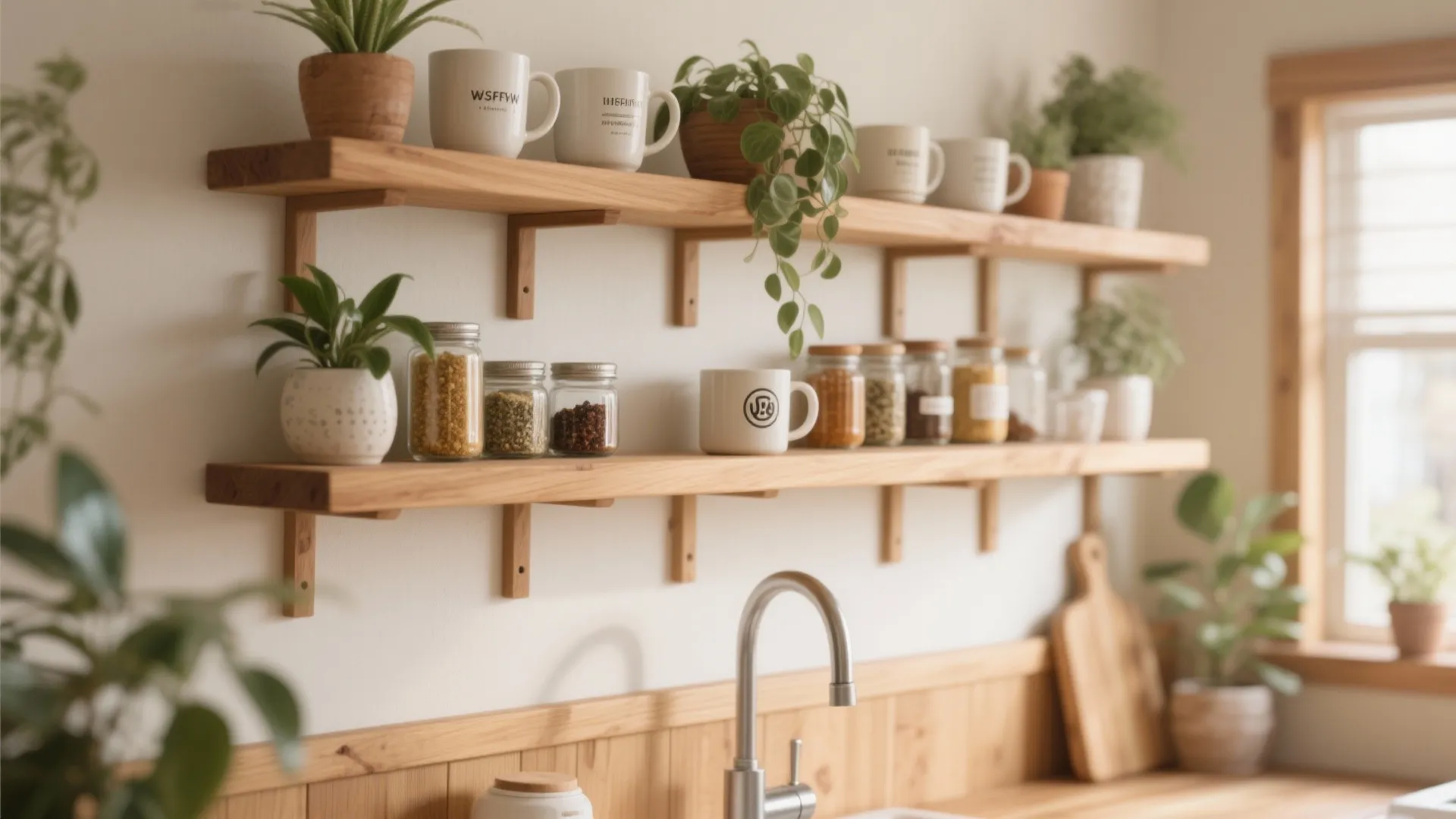 Two oak wood open wall shelves with white mugs green plants and glass storage jars