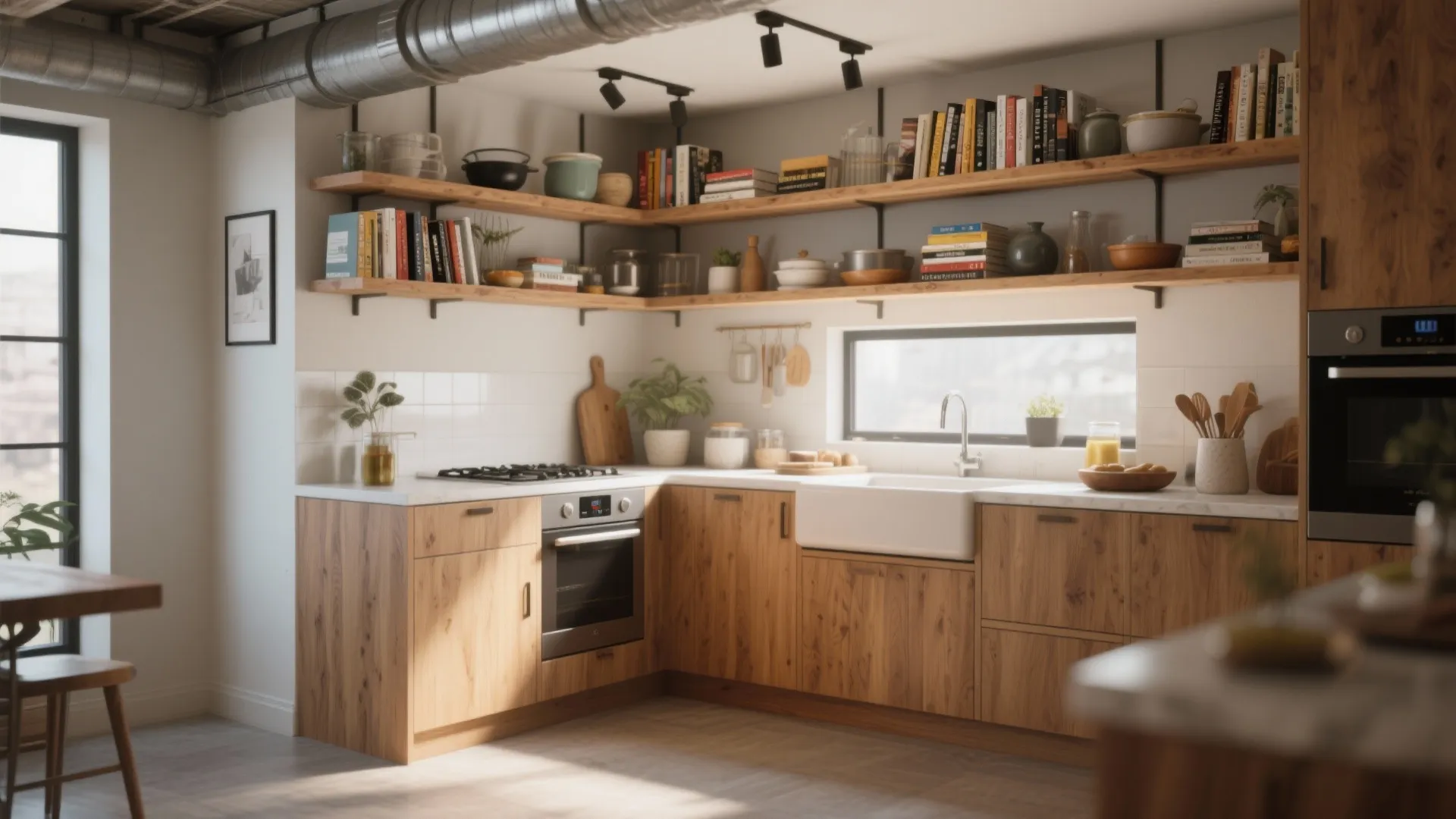 Oak wood kitchen with open wall shelves holding books and bowls plus white farmhouse sink