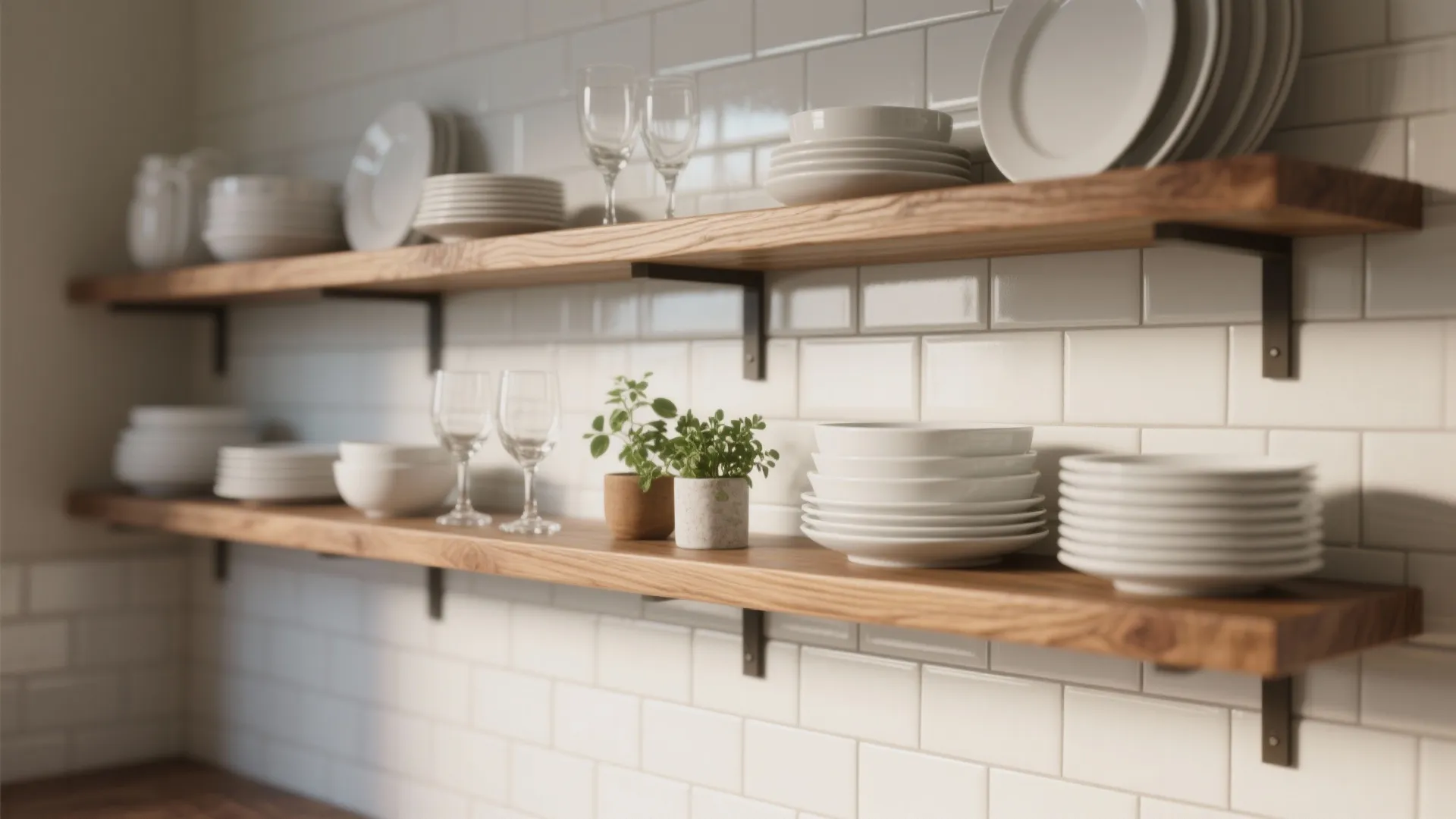 2. Open Shelving with Oak Accents