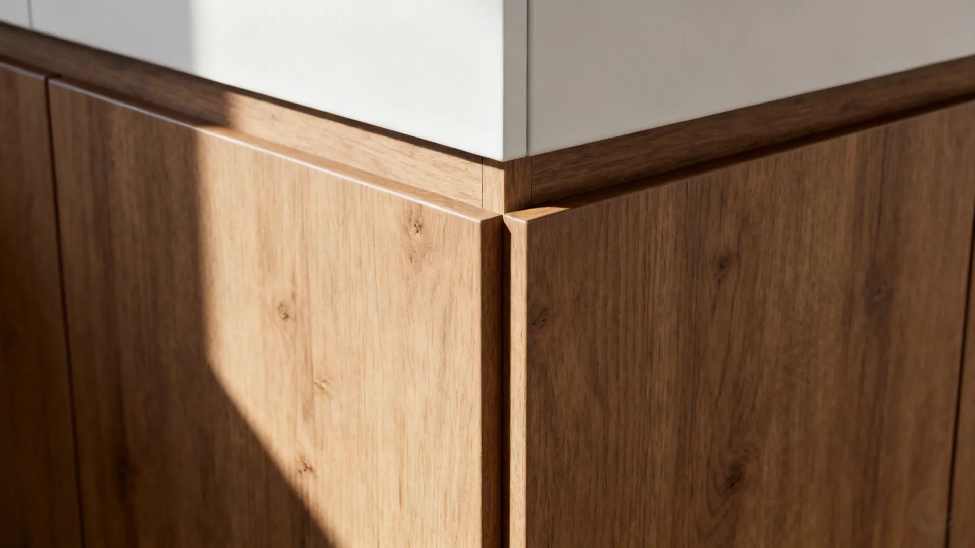 Macro of matte oak grain meeting a satin white panel with crisp shadow lines.