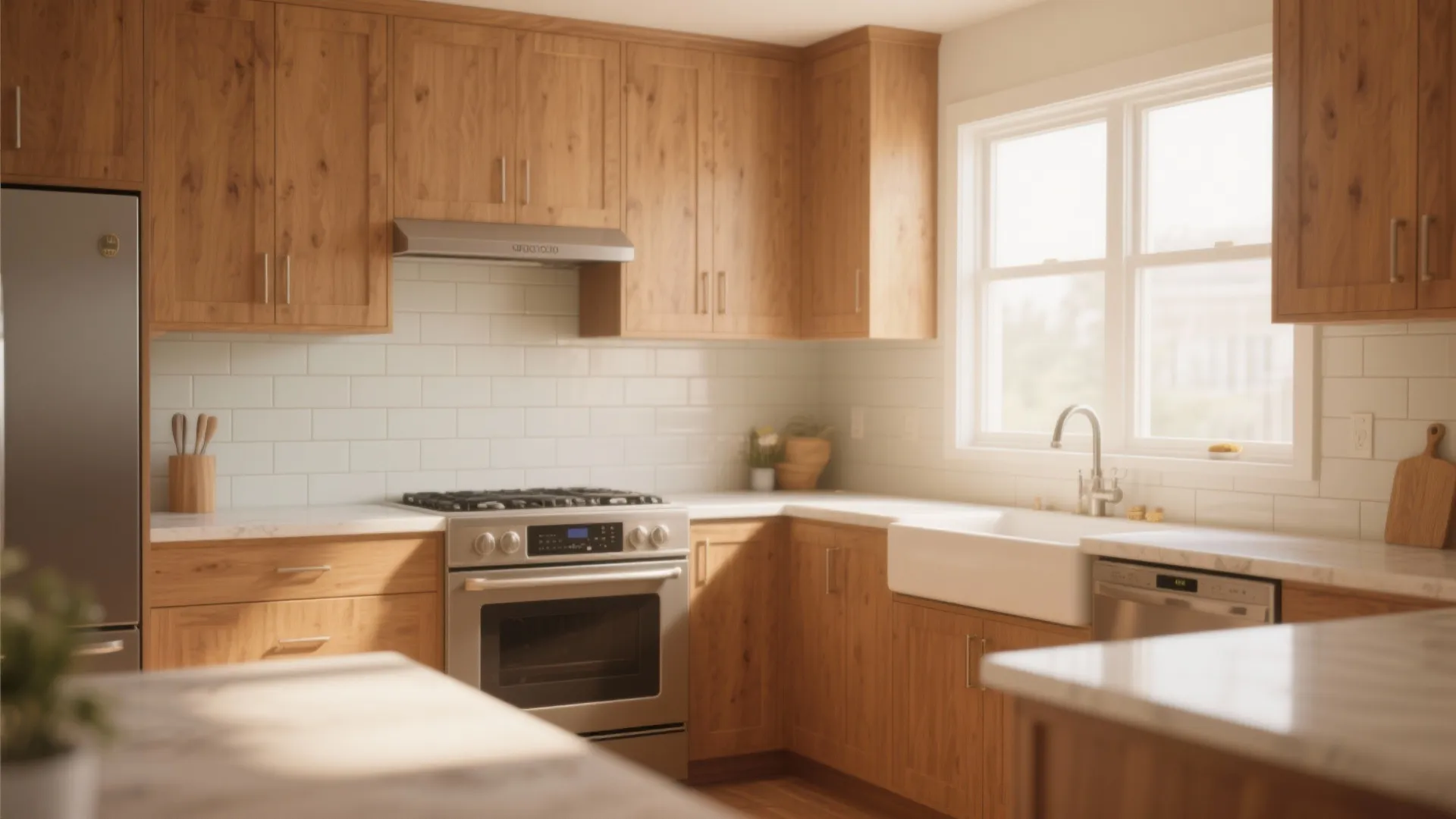 Bright kitchen featuring light wood cabinets white tile wall stainless steel stove and farmhouse sink