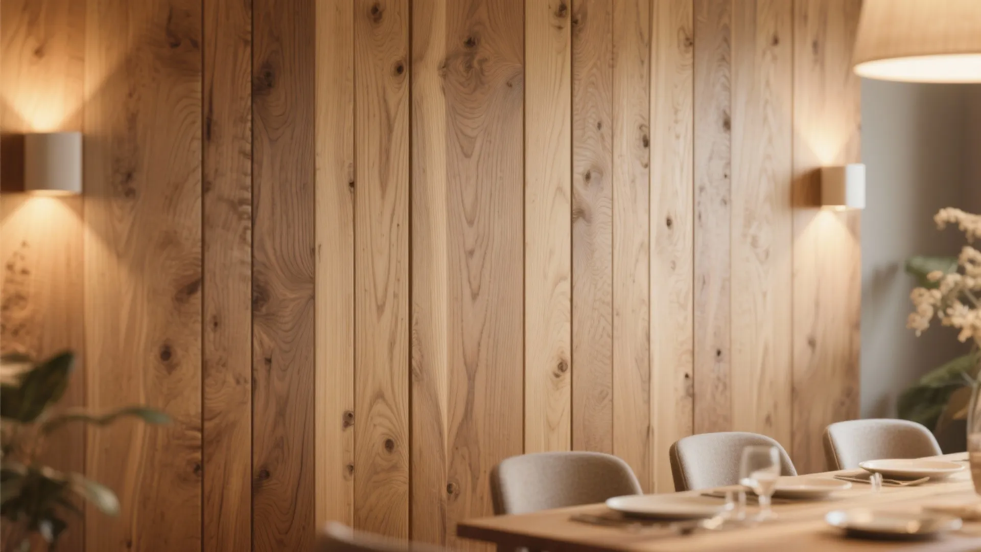 Vertical wood wall panel with two white wall lights above dining table with white plates