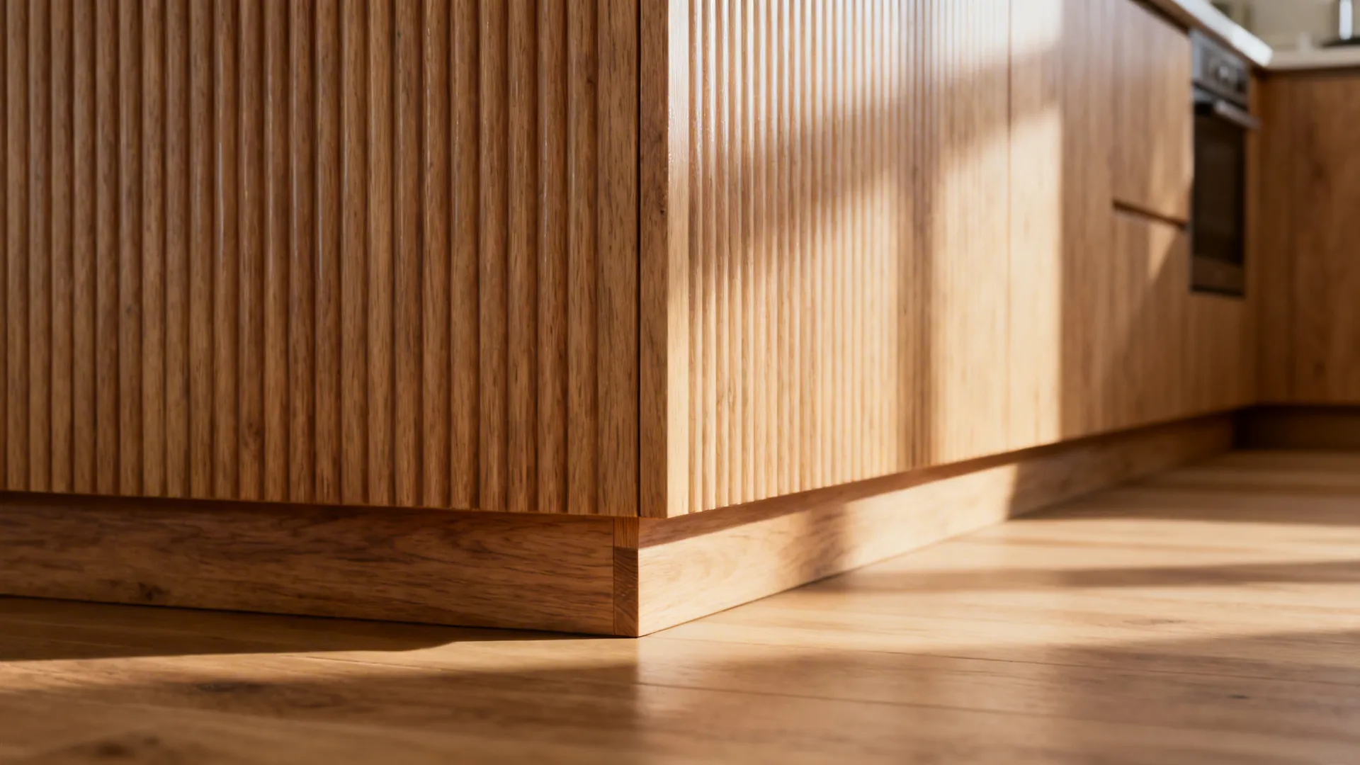 Close up of light oak wood kitchen cabinet featuring vertical wall panel textures under natural sunlight