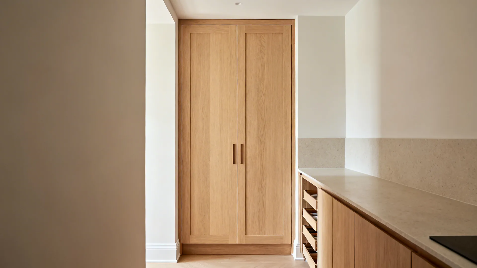 Tall light wood pantry cabinet with double doors next to kitchen counter with open drawers