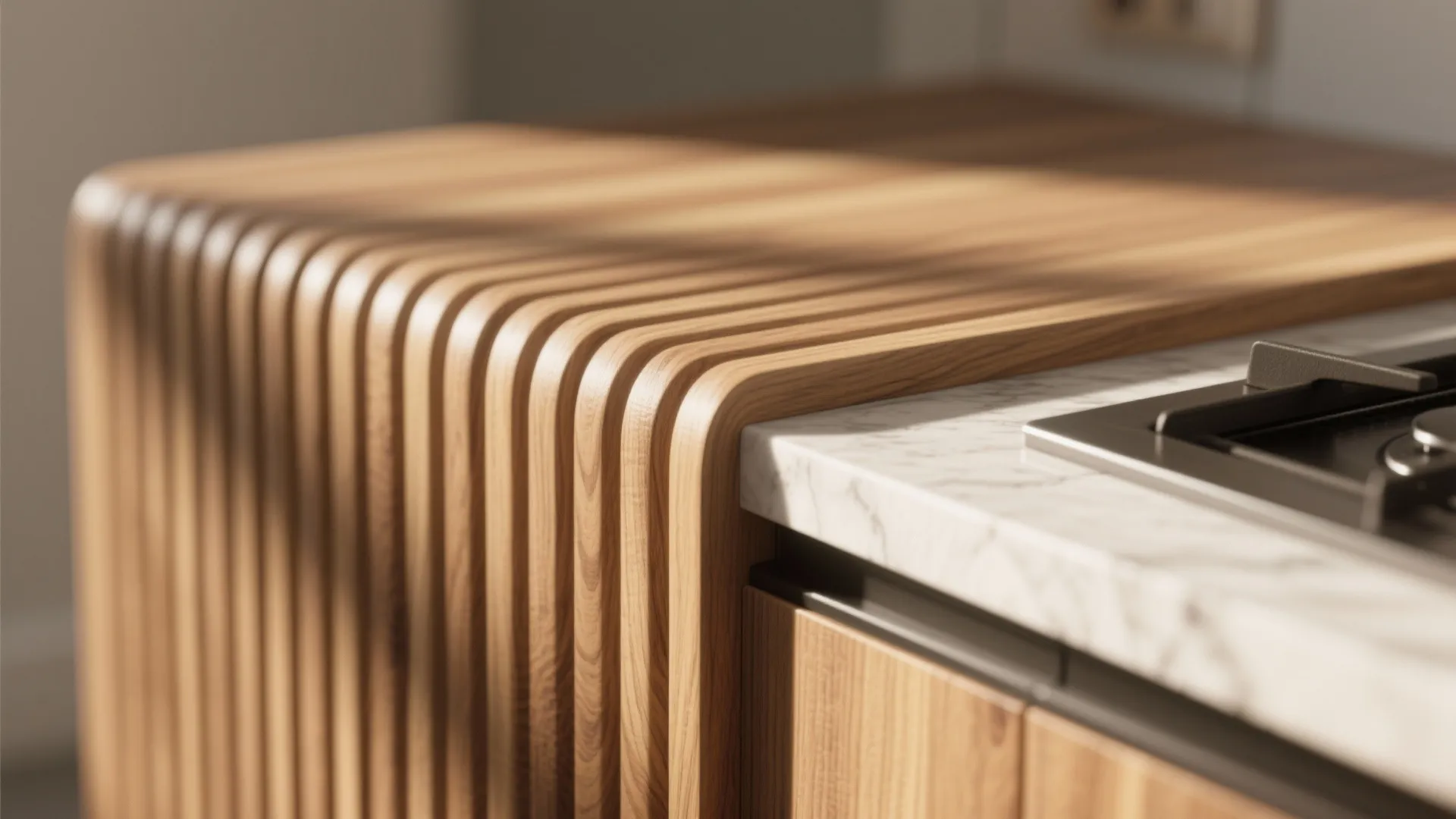 Close up of curved wood panel counter next to a marble surface in a modern kitchen