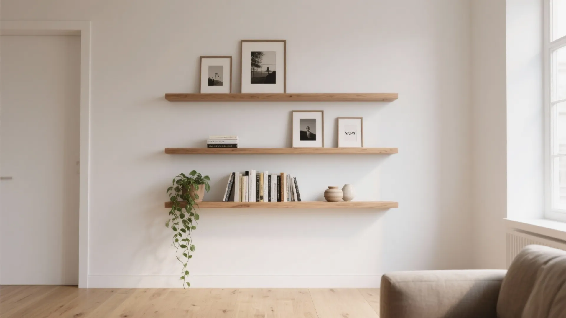 Three wooden wall shelves holding books picture frames and a hanging plant in white room