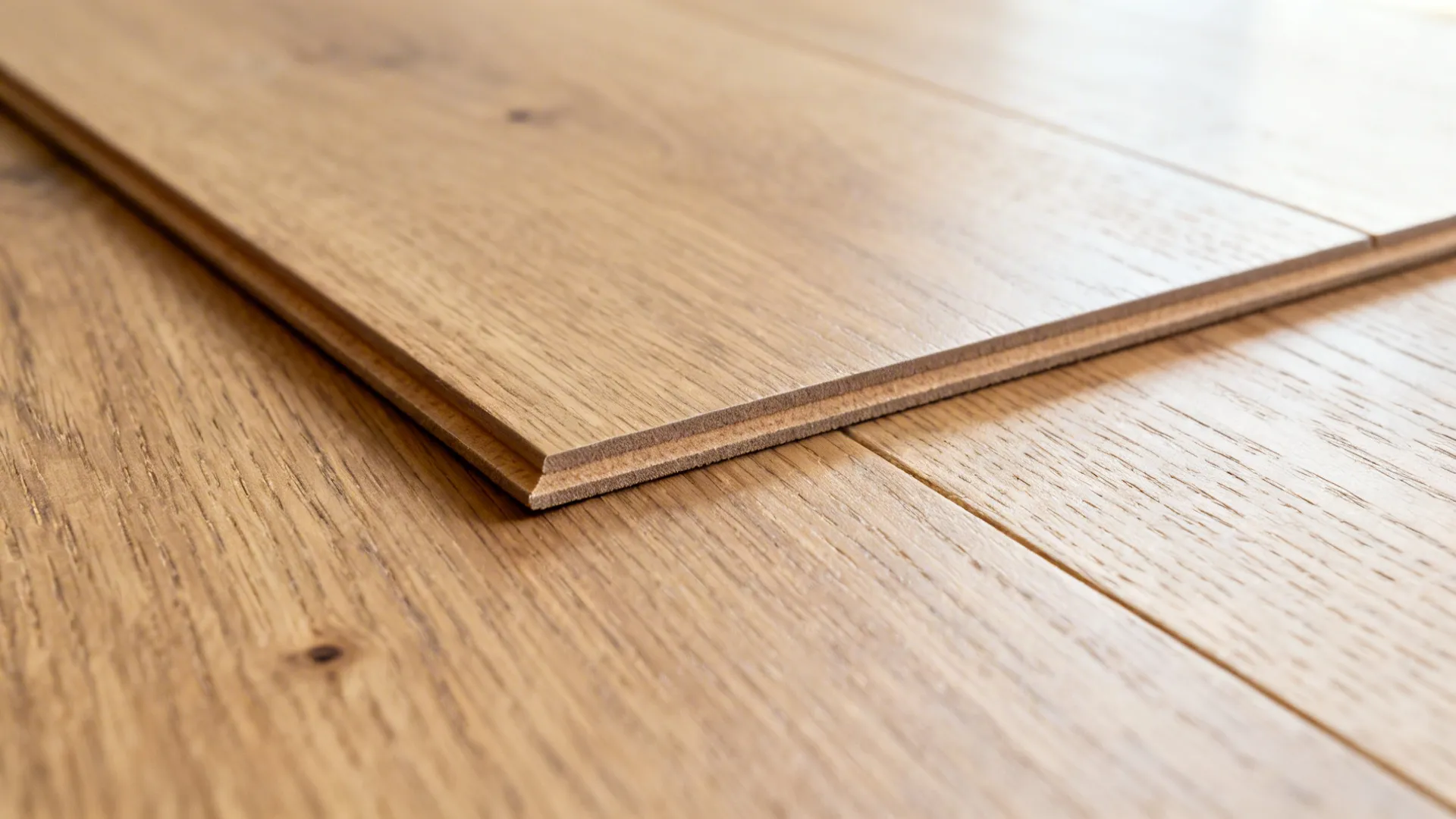 Macro detail of engineered oak plank with matte finish and subtle grain.