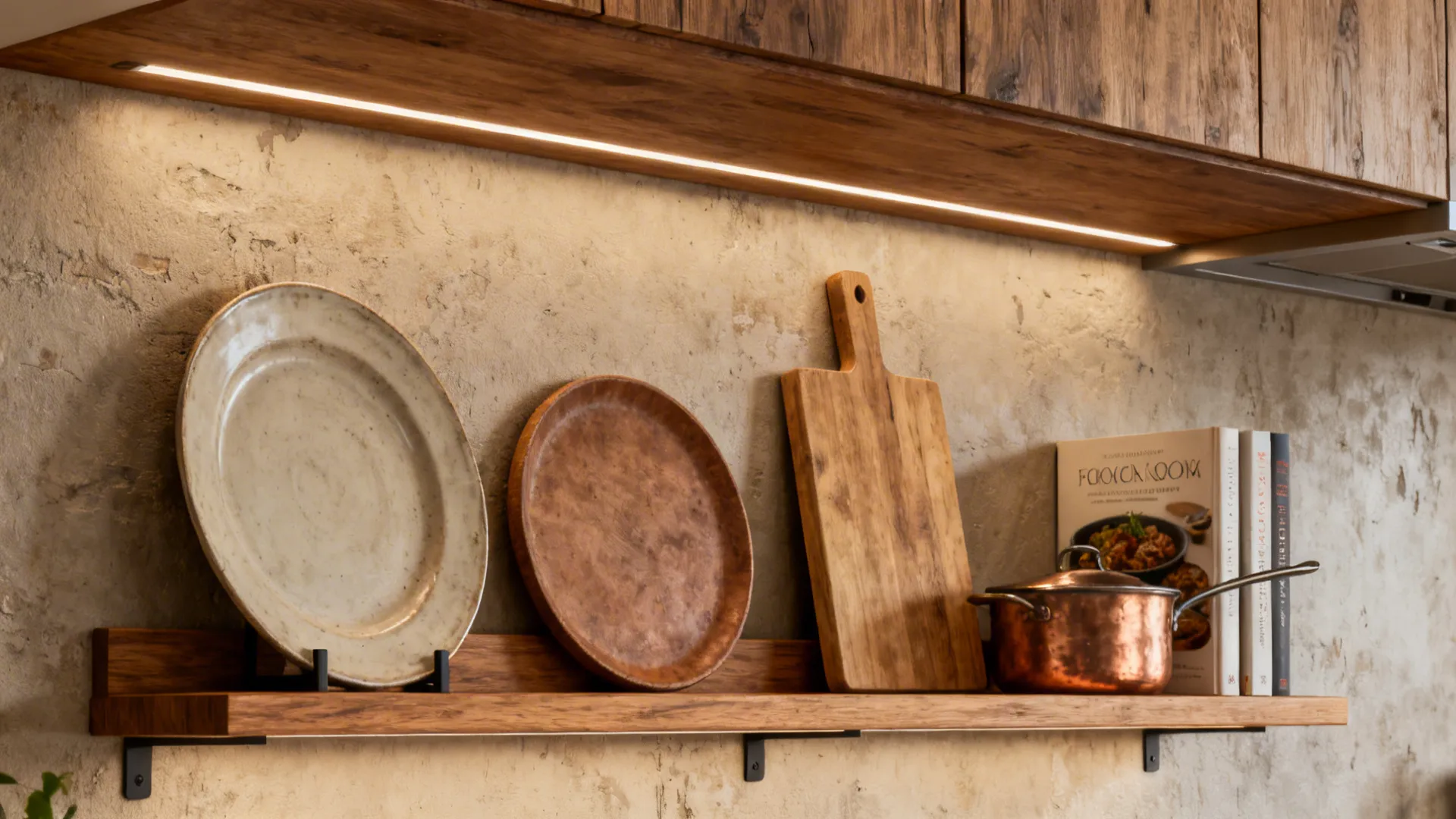 Slim oak plate ledges hold cutting boards, platters, and books in a warm rustic kitchen.