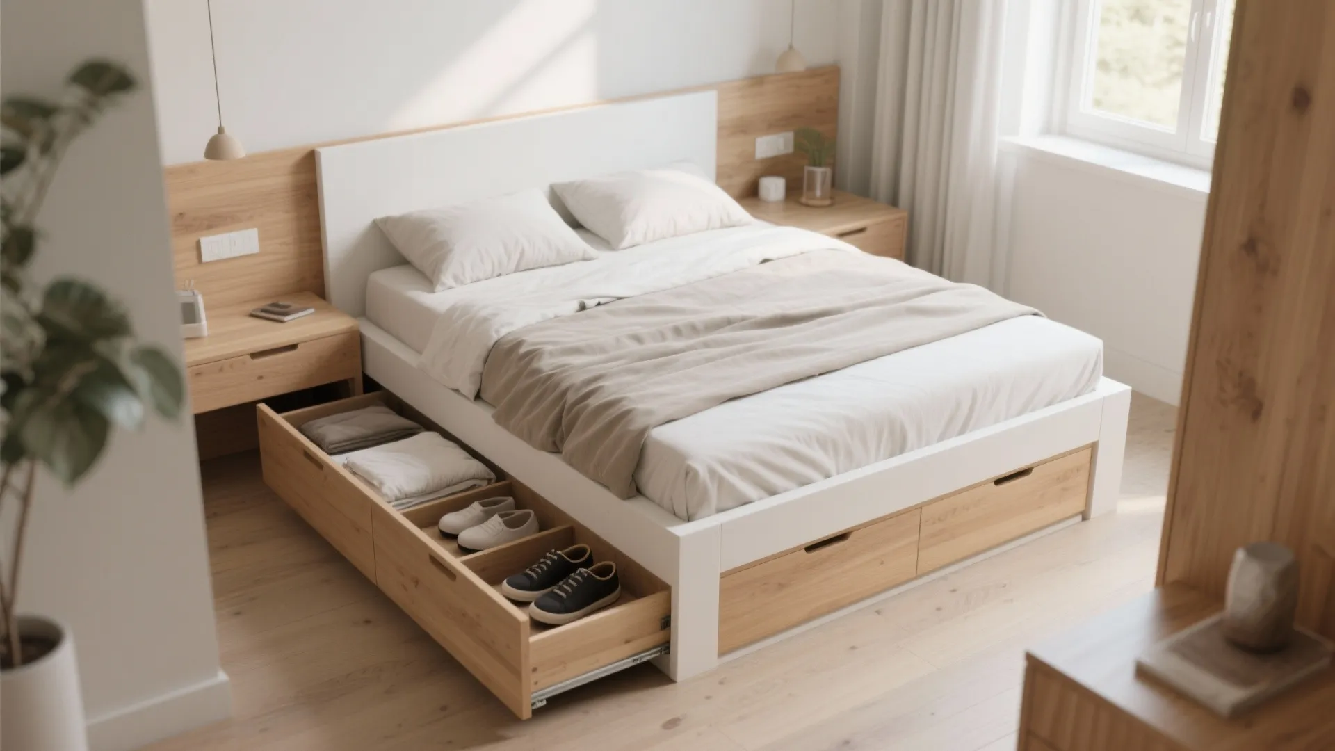 2. White oak bed with integrated storage