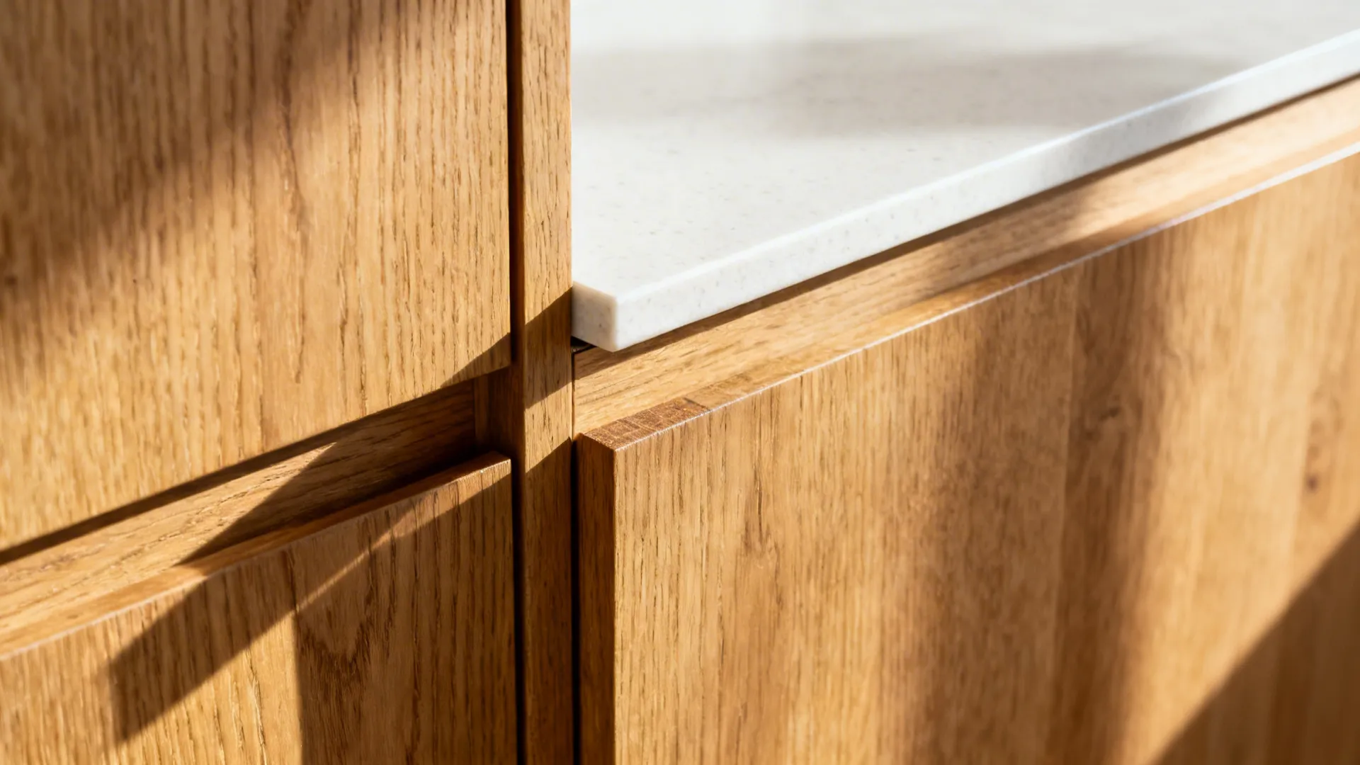 Macro of rift-cut oak cabinet meeting a thin-profile light quartz countertop edge.