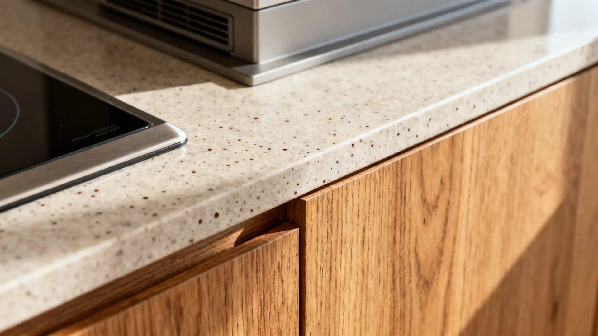 Macro of rift-cut oak meeting honed quartz with refined joinery and tactile texture.