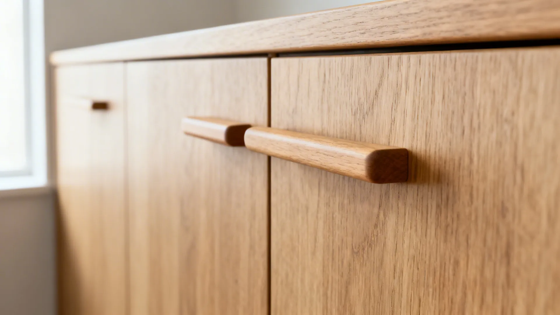 Close-up of slim oak cabinet pulls with rounded edges on light oak doors.