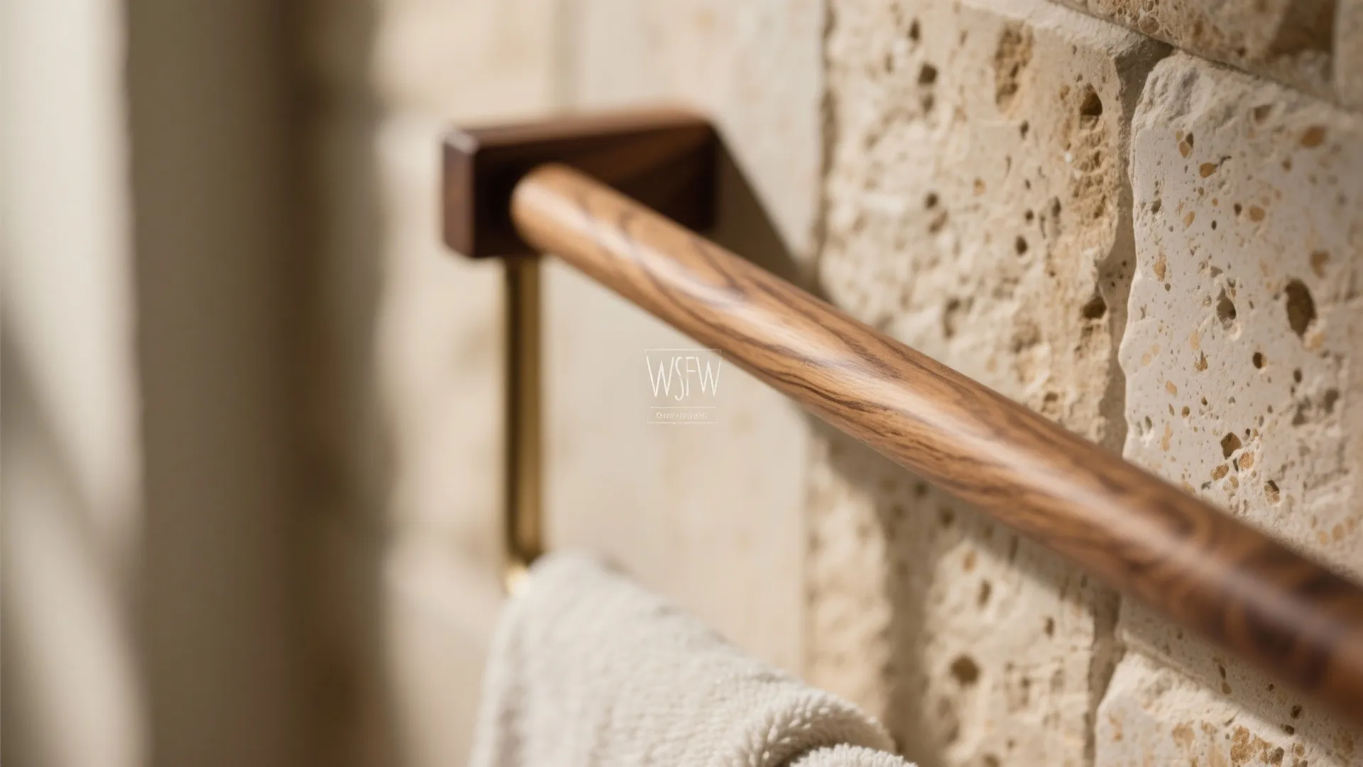 Close up of a wooden towel rack on a stone wall in a bright bathroom