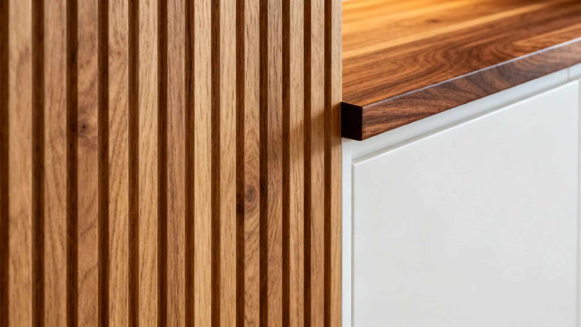 Modern vertical wood wall panel detail next to a dark wood shelf and white cabinet door