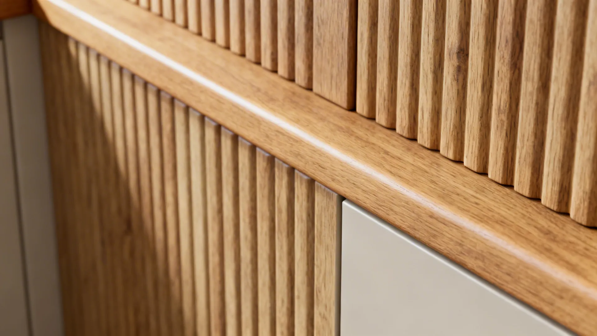 Macro of ribbed oak panel and slim oak rail with soft matte finish