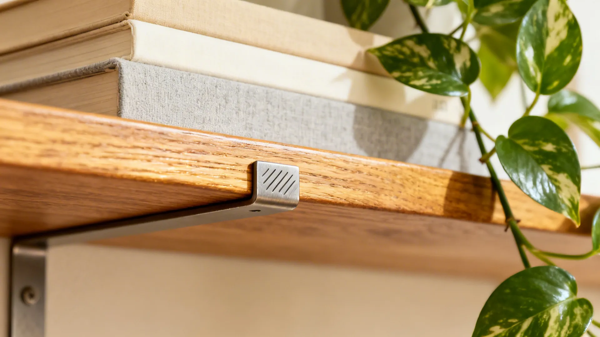 Macro of oak shelf edge and brushed metal bracket with visible grain and soft daylight.