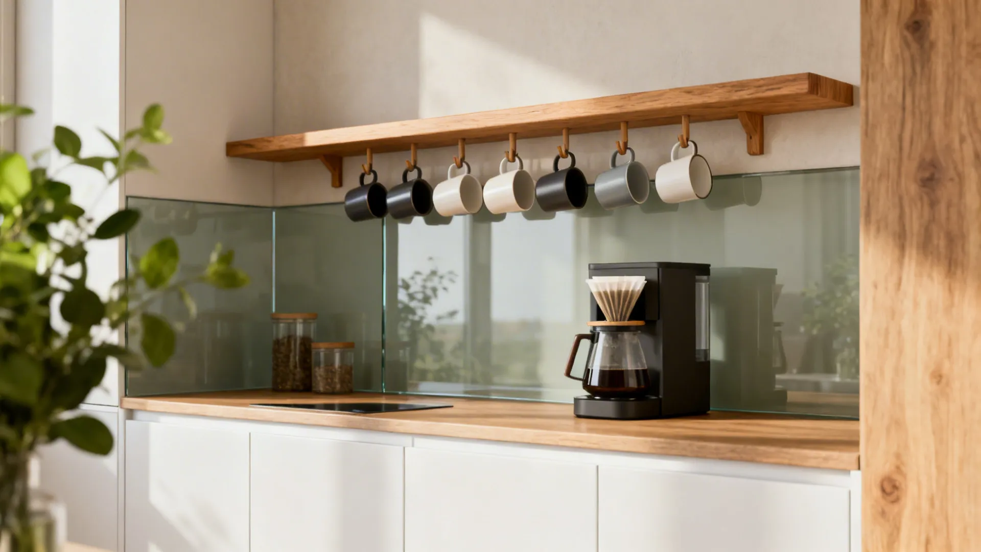 Slim oak shelf and matching hooks organize mugs above a compact coffee station.