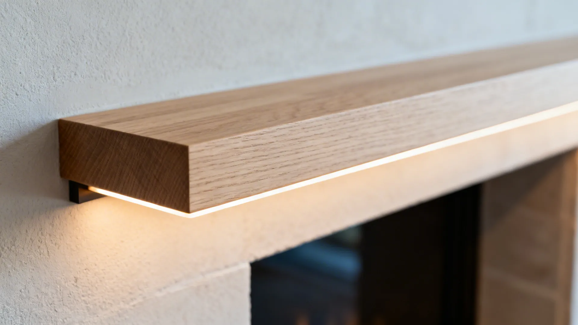 Close-up of a floating white oak shelf with warm LED lighting in a niche.