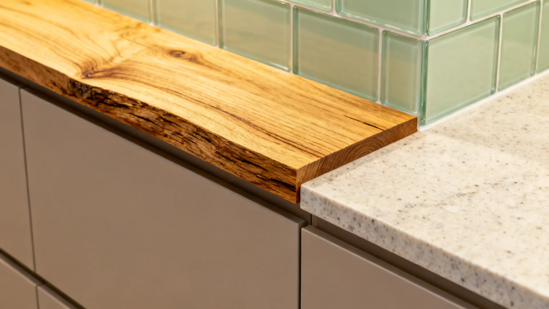 Close-up of rift-cut oak shelf with protective finish above a pale sage glass backsplash.