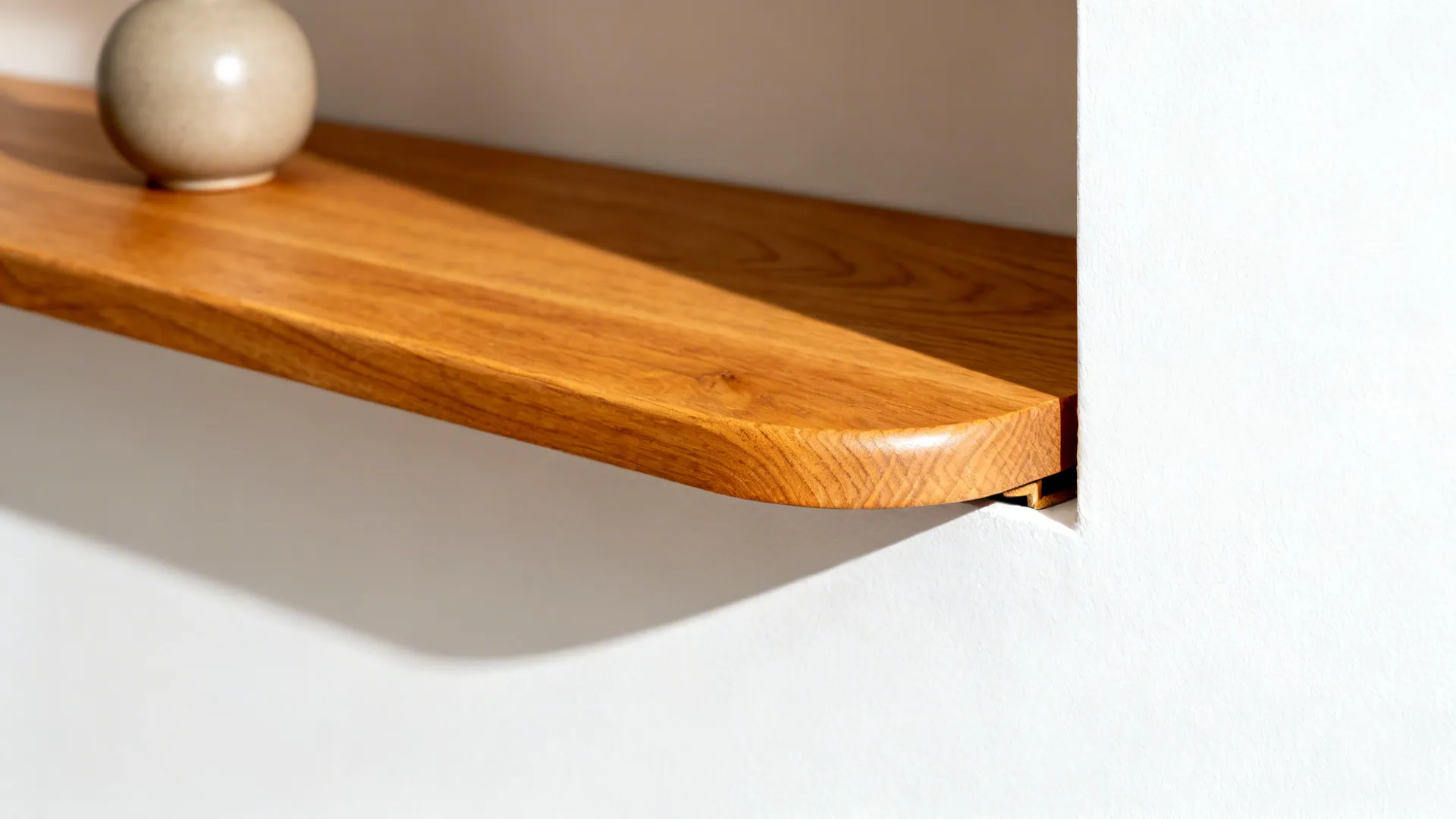 Close-up of an oak shelf’s rounded edge and hidden bracket within a wall niche.