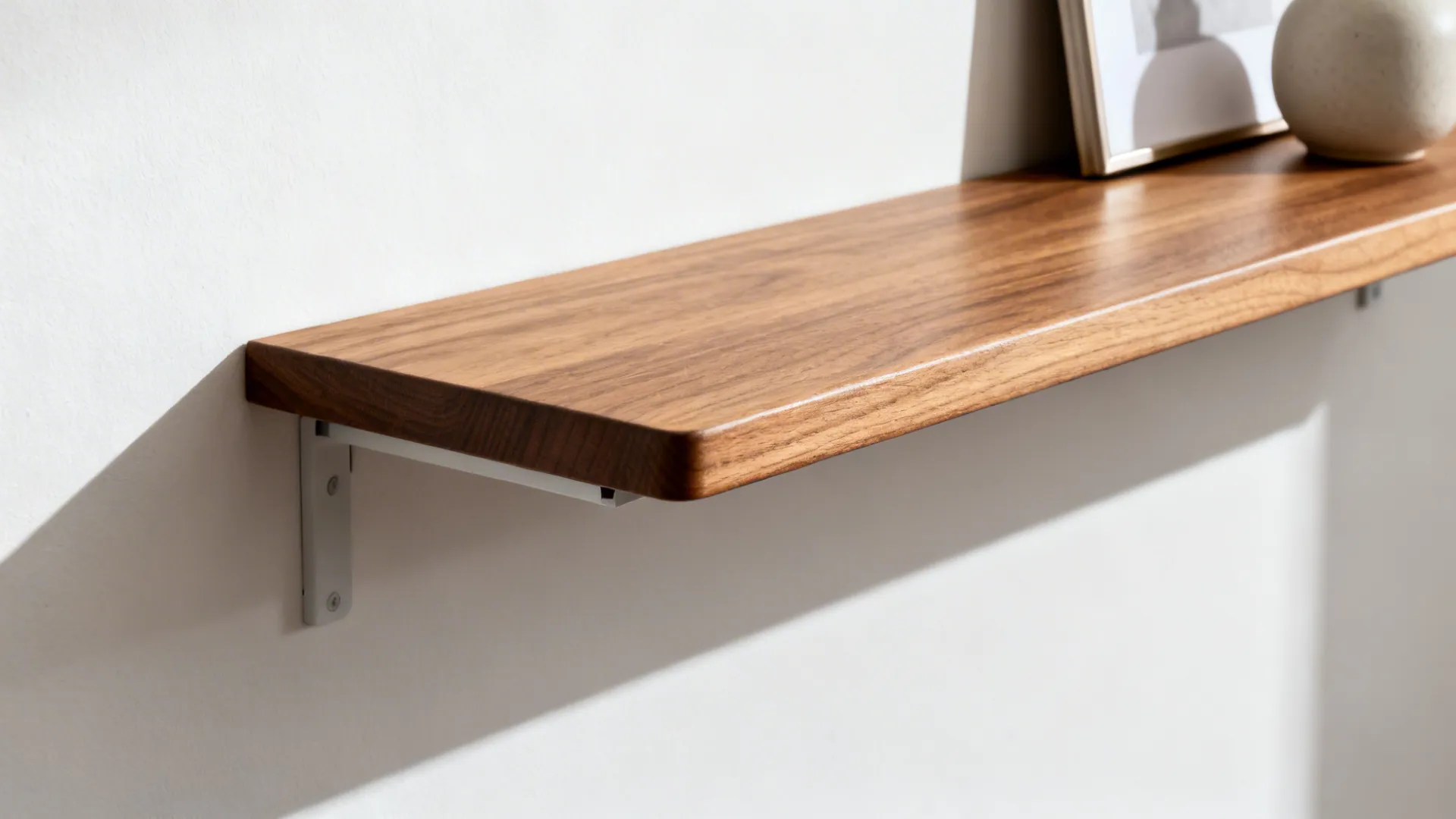 Macro of oak floating shelf with concealed brackets and satin finish in a small office.