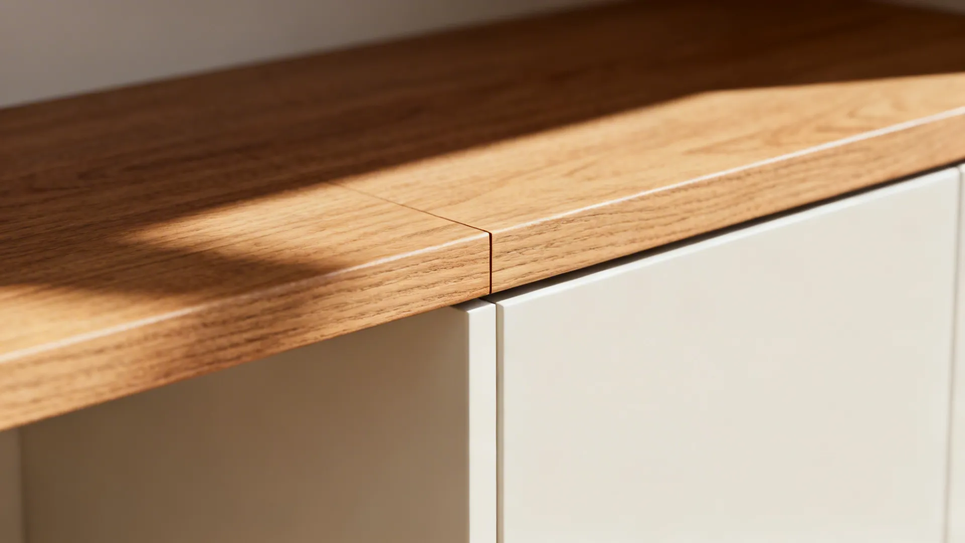Macro of oak-edge shelf and matte cabinet door junction with natural grain.