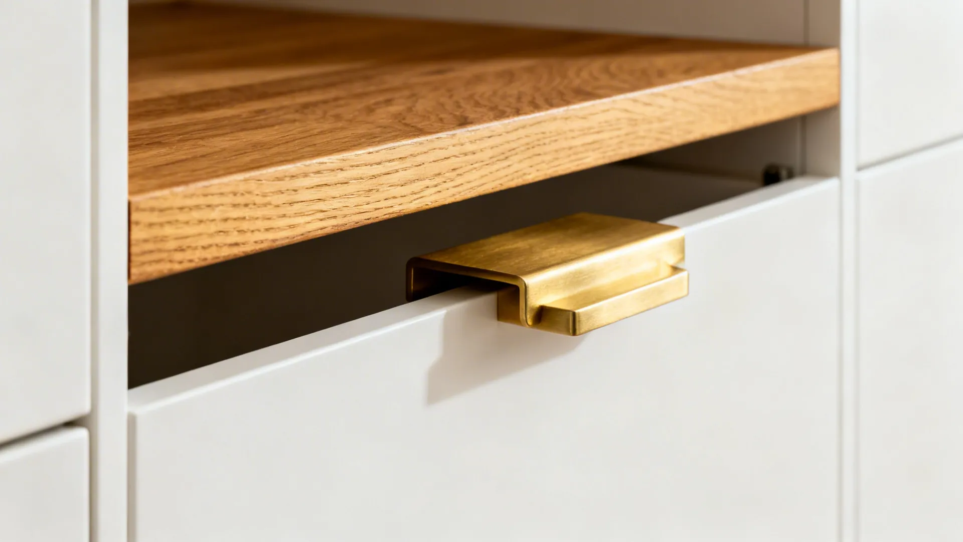 Macro of an oak-edged open shelf with brass bracket against matte white cabinetry.