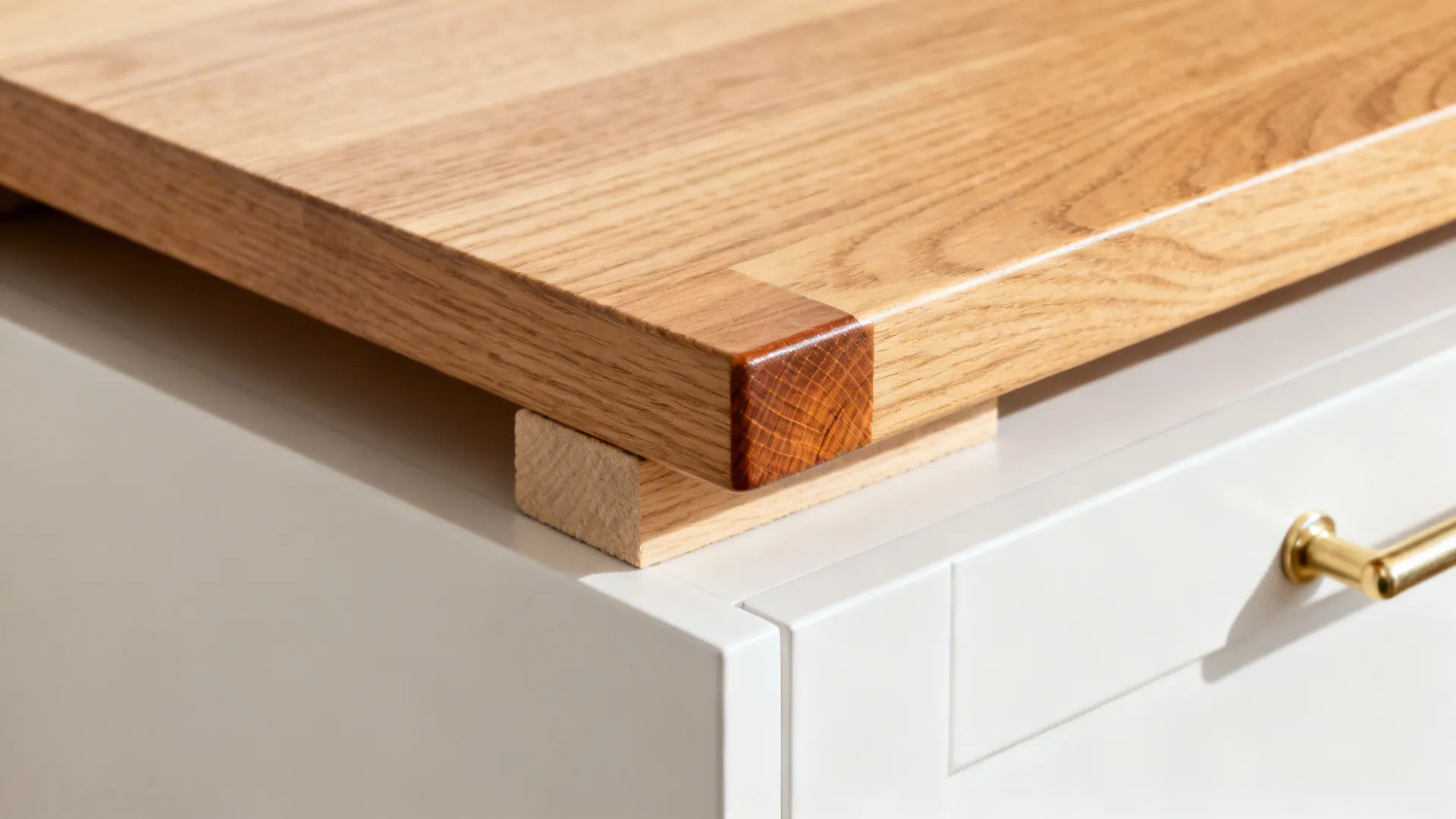 Close-up of oak shelf with sealed end grain and satin brass support above a white cabinet.