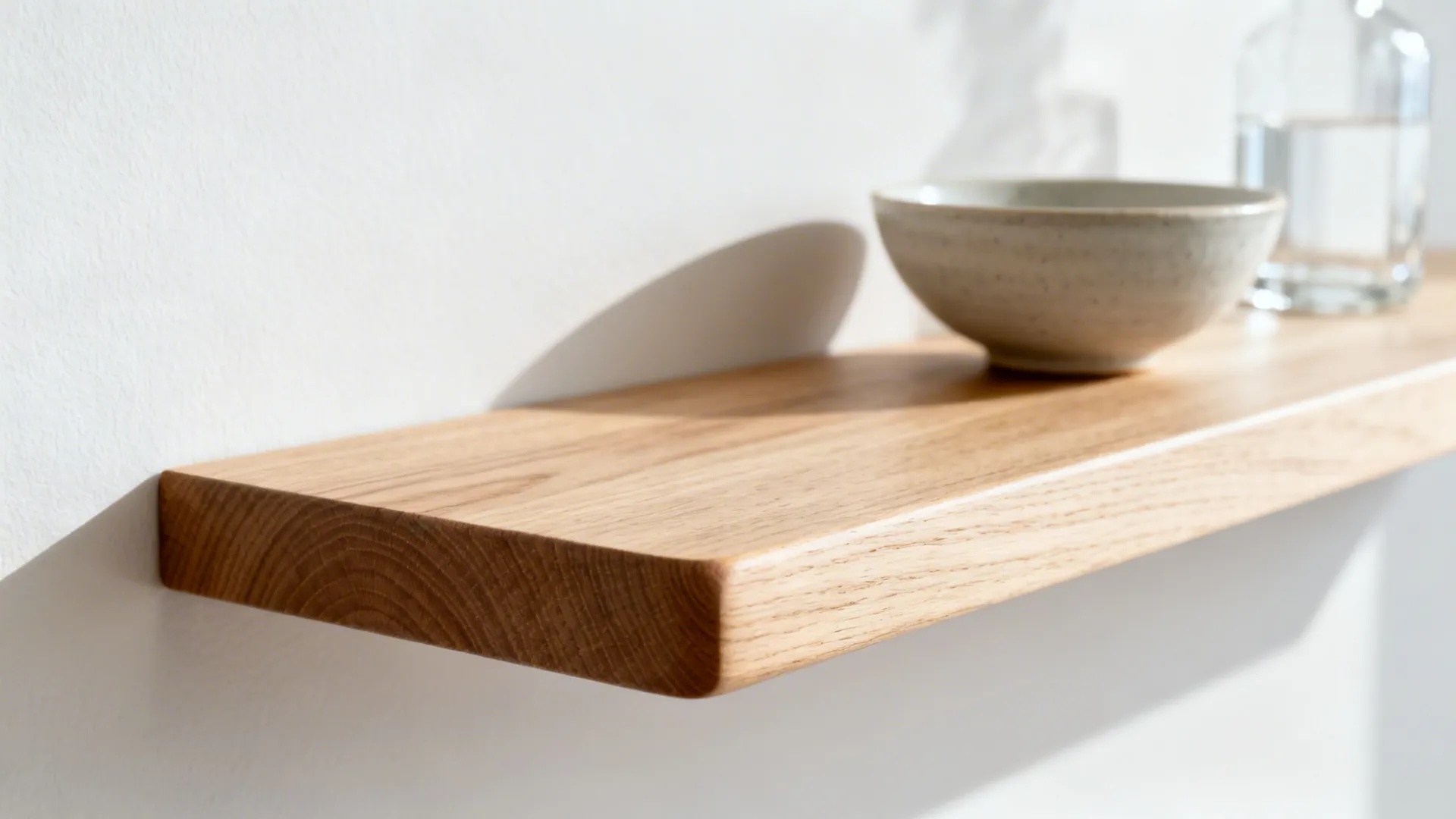Close-up of an oiled white oak shelf with fine grain and soft daylight highlights.