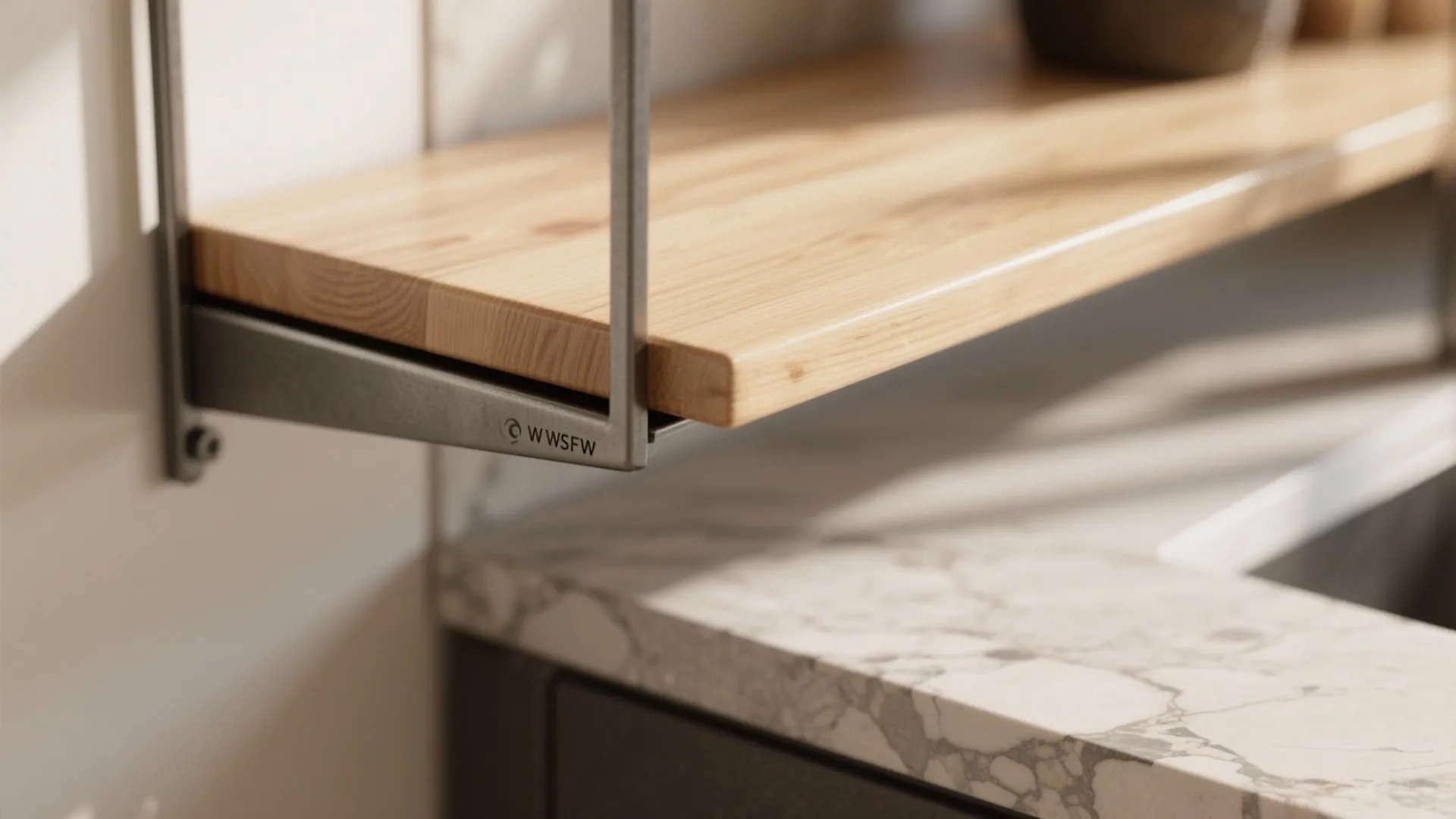 Wall mounted wooden shelf with metal bracket placed above a white marble kitchen countertop in sunlight