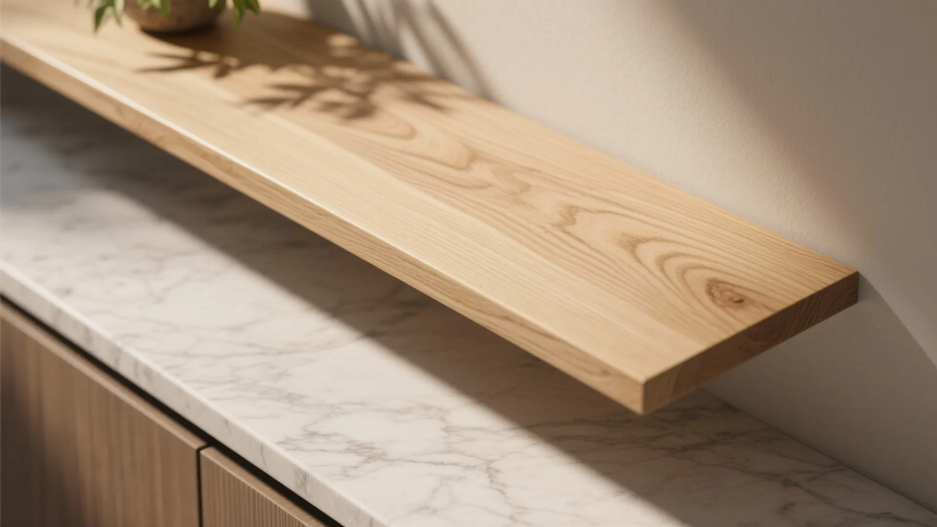 Close up view of a light wooden shelf installed above a white marble kitchen countertop