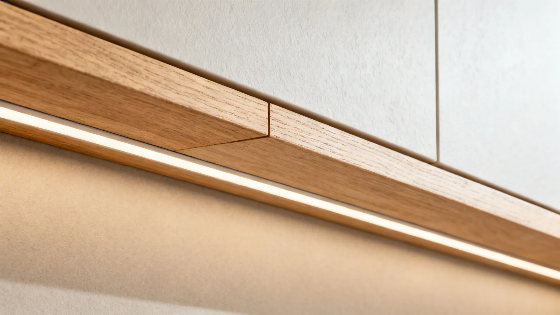Macro of an oak shelf with an integrated LED channel glowing softly.