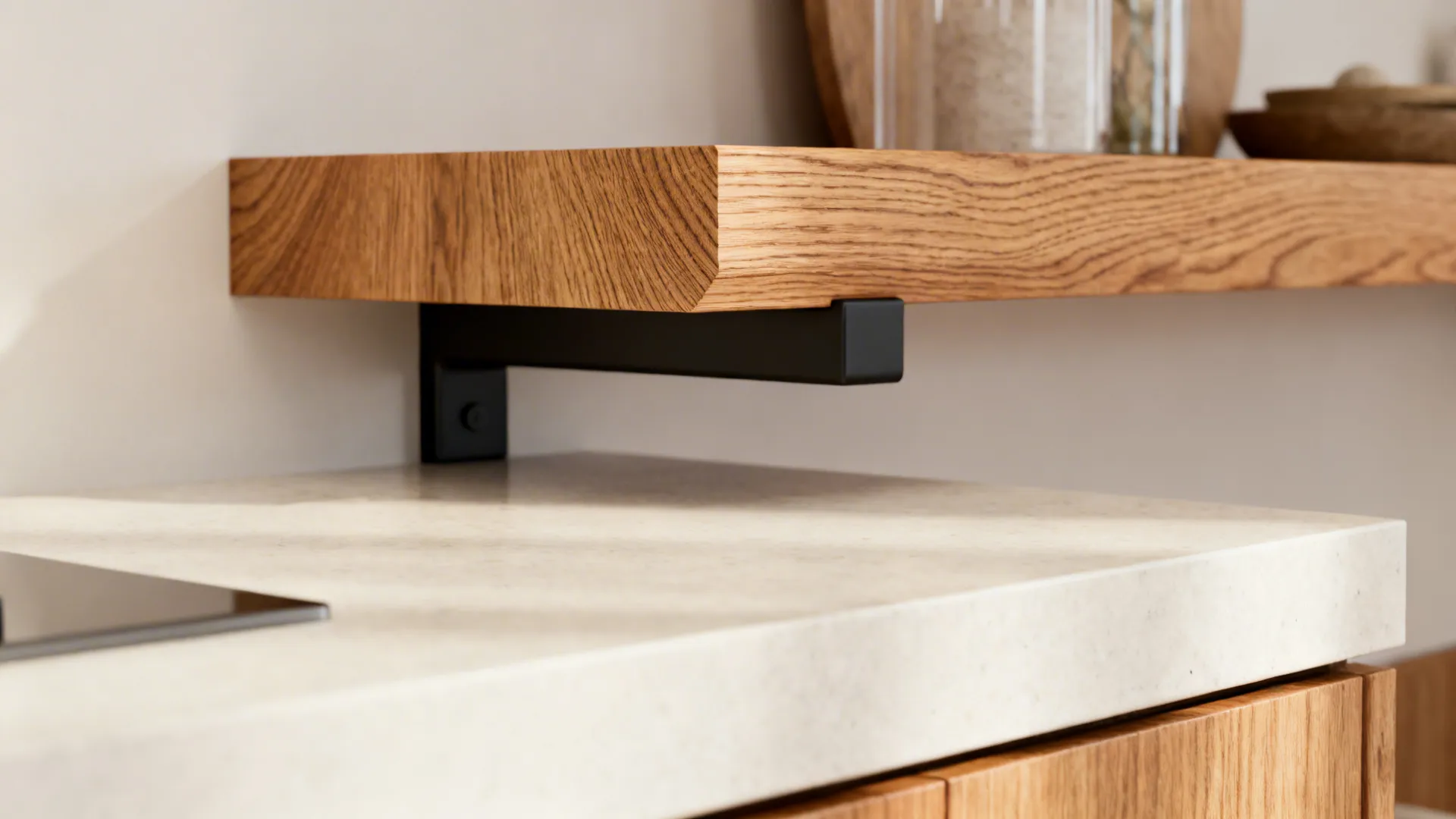 Macro detail of a riftsawn oak shelf over a pale quartz countertop with a matte black bracket.