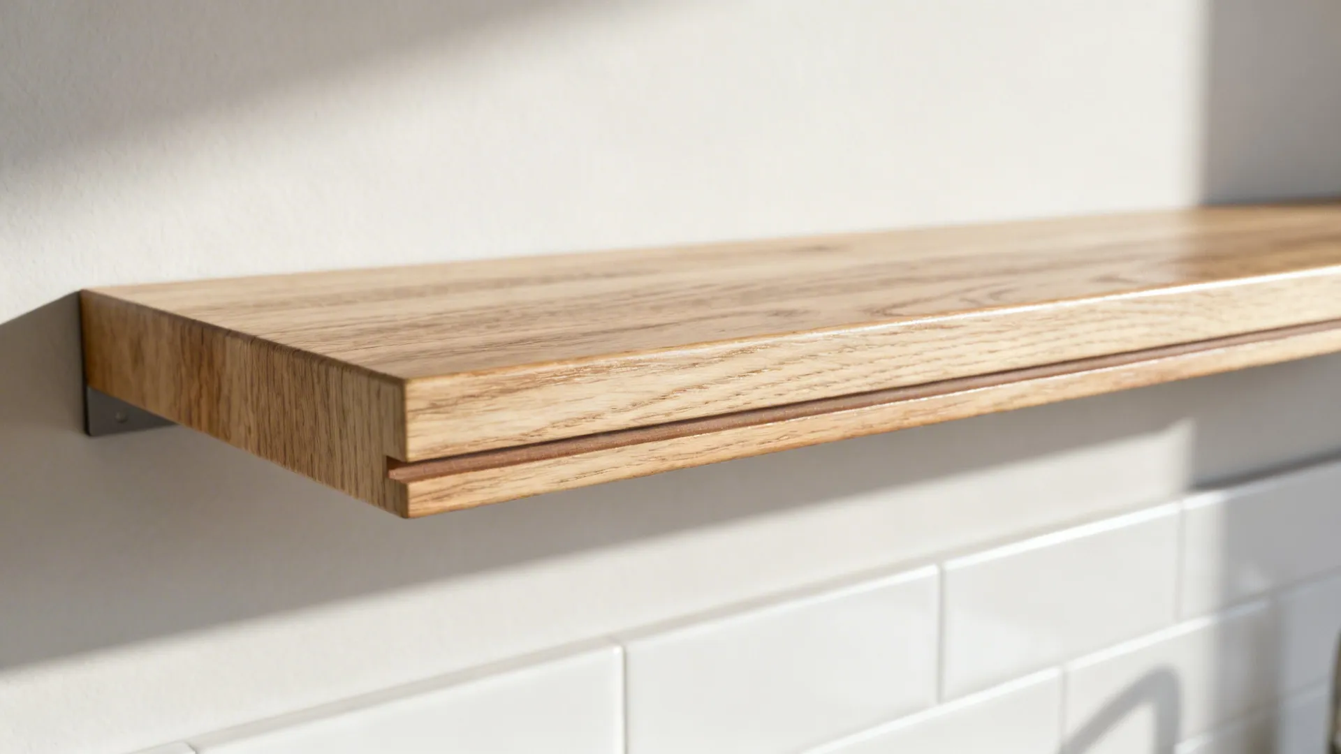 Macro of a white-oak floating shelf with subtle grain and a clean shadow line.