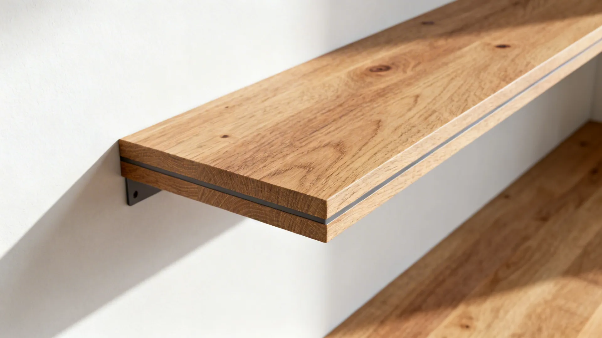 Macro of oak shelf thickness and finish at a minimalist kitchen corner.