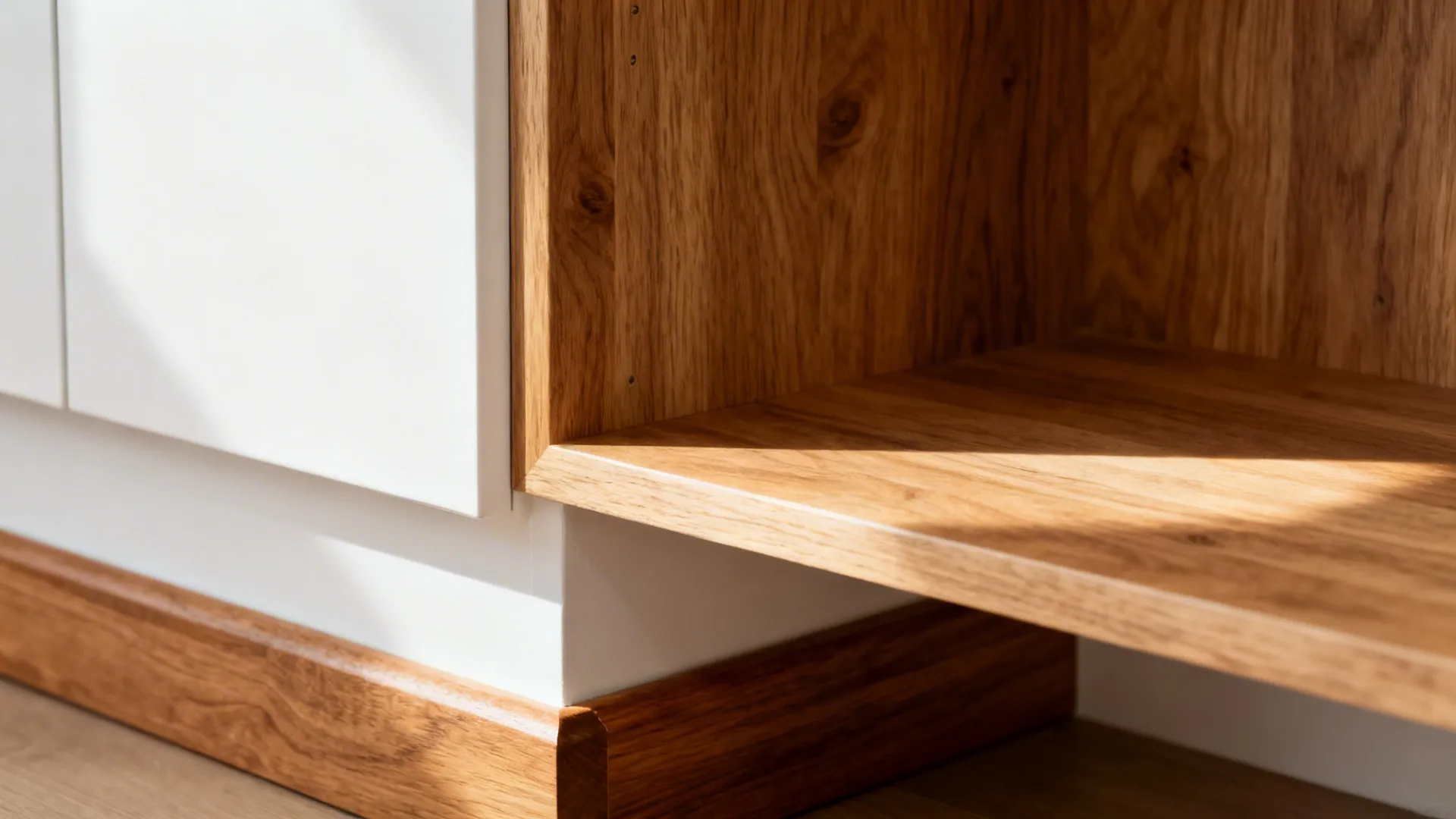 Close up view of wooden shelf and white cabinet corner showing natural sunlight in kitchen